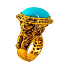 Handcrafted White Black Diamond Turquoise Yellow Gold Cocktail "Lion" Ring