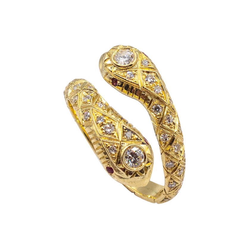 Handcrafted White Brilliant Cut Diamond Ruby Yellow Gold Cocktail "Snake" Ring For Sale