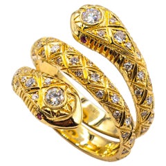 Handcrafted White Brilliant Cut Diamond Ruby Yellow Gold "Snake" Ring