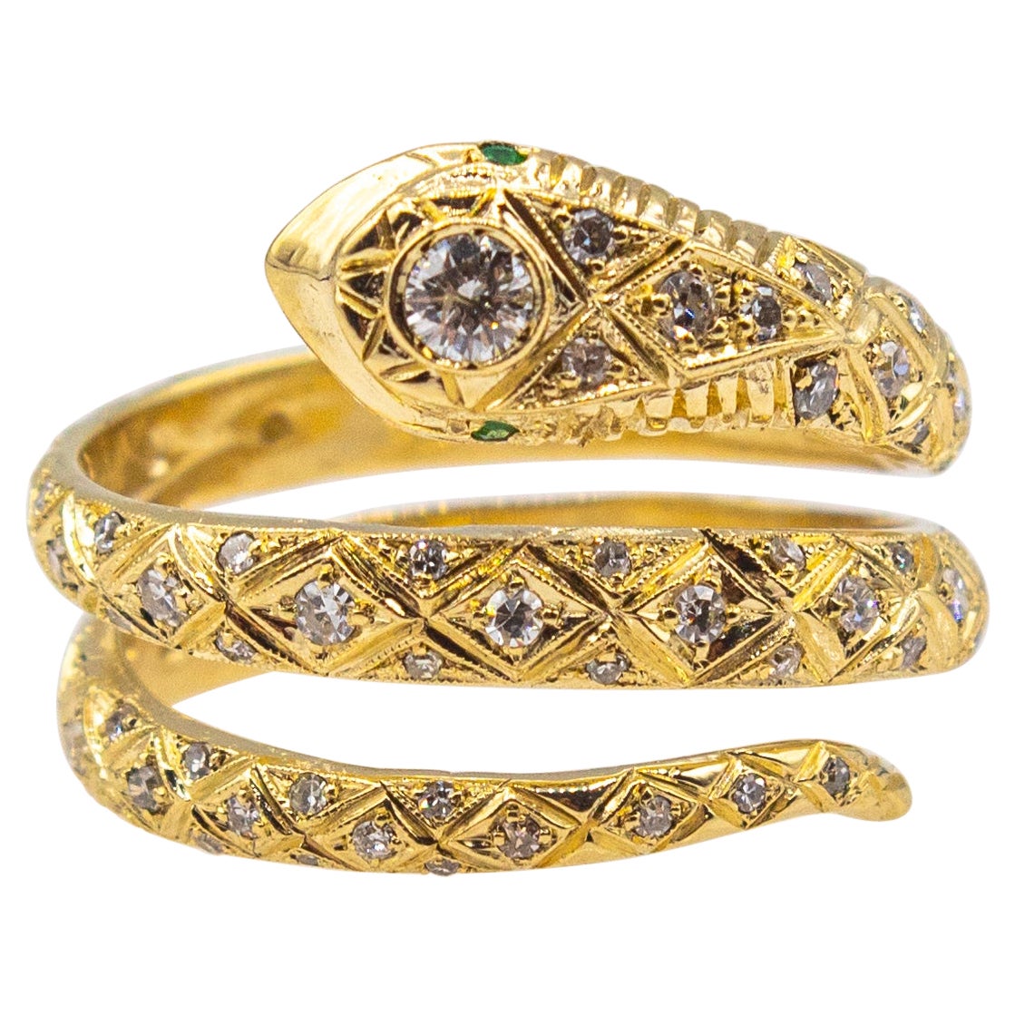 Handcrafted White Brilliant Cut Diamond Tsavorite Yellow Gold "Snake" Ring