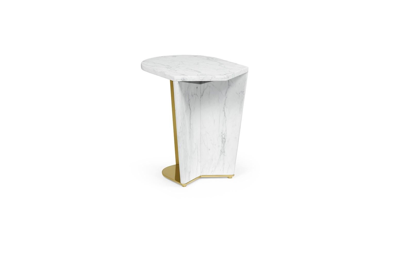 Organic Modern Sculptural White Calacatta Marble and Brass Side Table SET