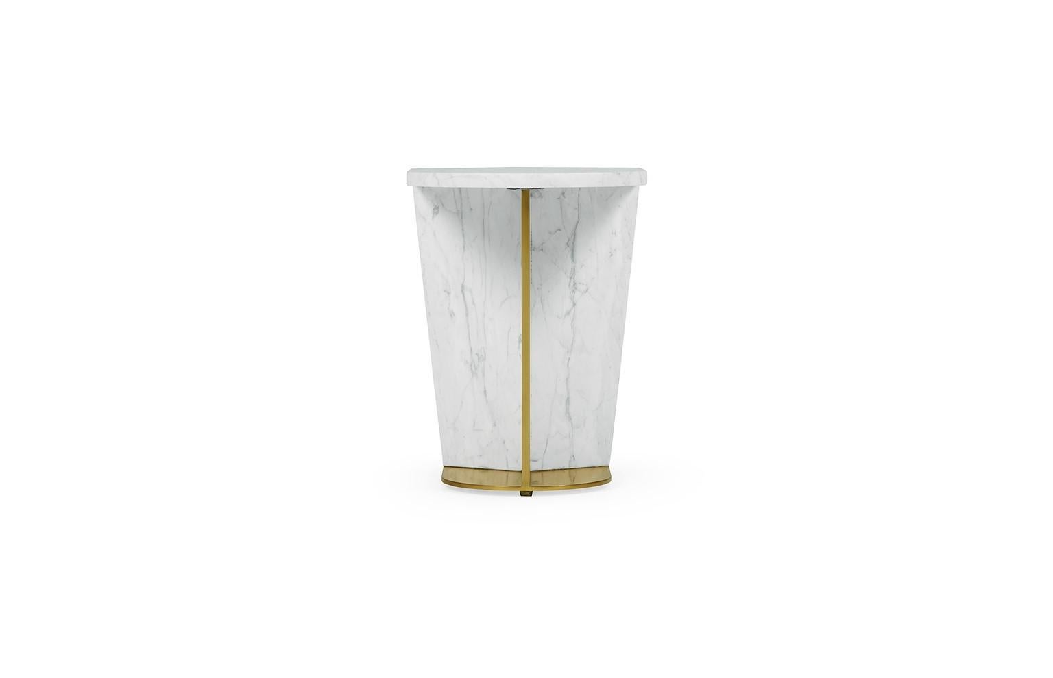 European Sculptural White Calacatta Marble and Brass Side Table SET