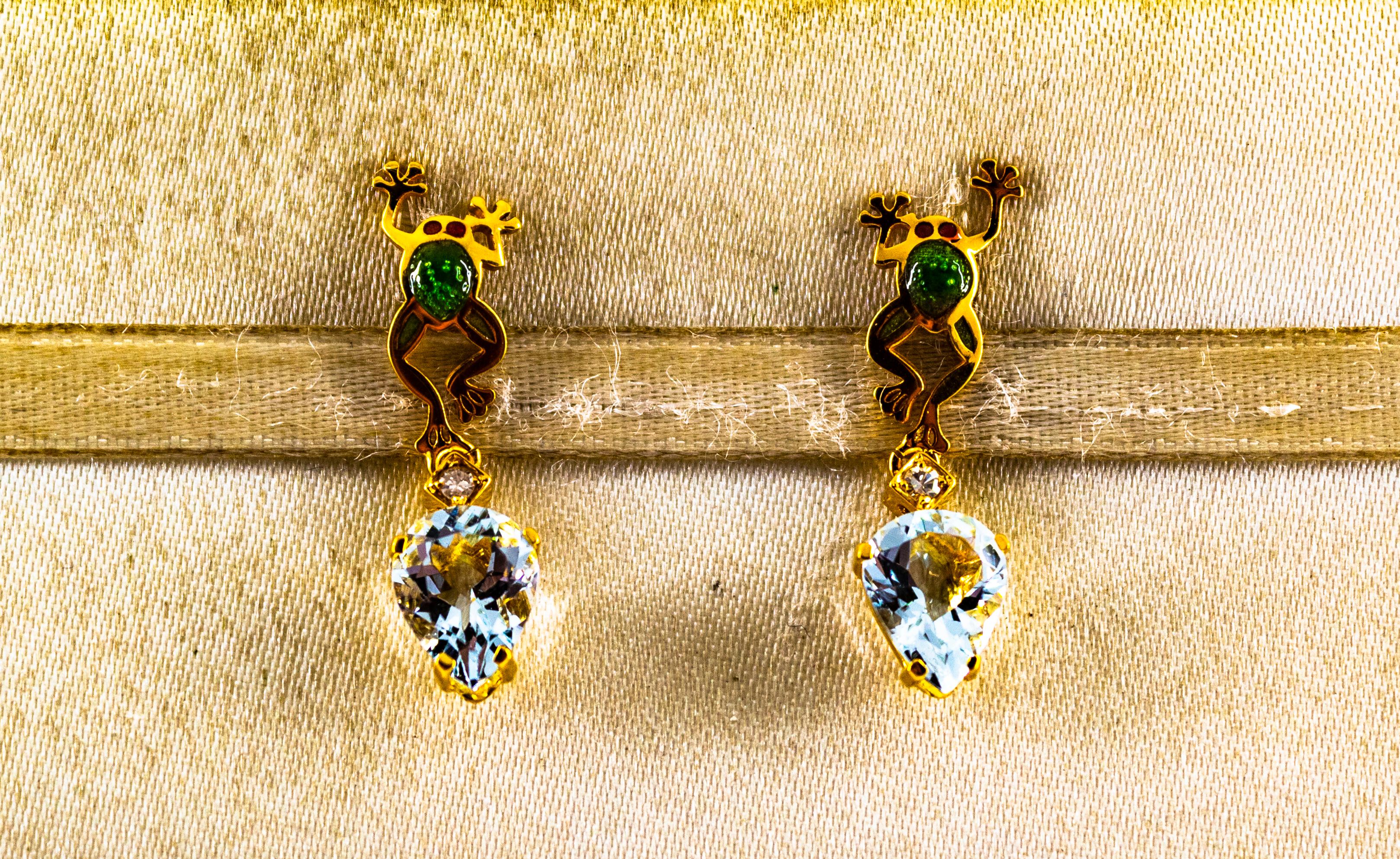 These Stud Earrings are made of 9K Yellow Gold.
These Earrings have 0.06 Carats of White Brilliant Cut Diamonds.
These Earrings have 2.80 Carats of Aquamarine.
These Earrings have Green Enamel.

These Earrings are available also in 9K, 14K or 18K