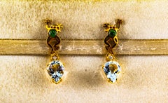 Handcrafted White Diamond Aquamarine Enamel Yellow Gold Stud "Frog" Earrings