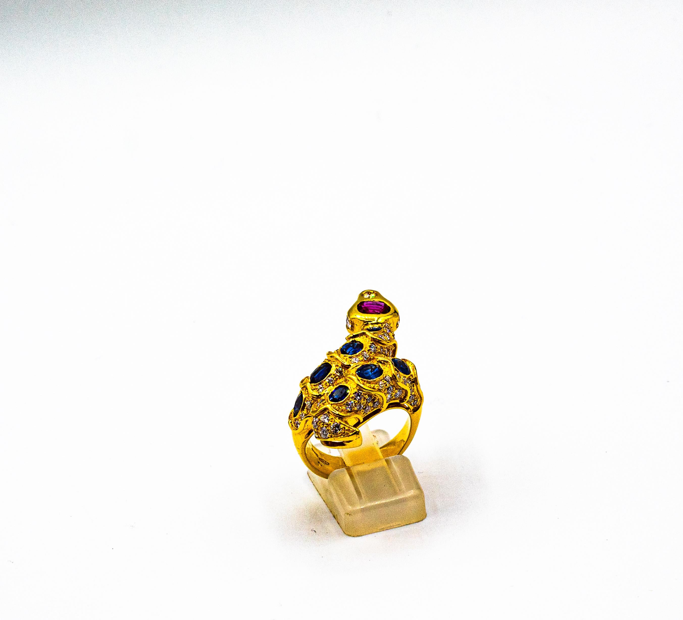 Brilliant Cut Handcrafted White Diamond Blue Sapphire Ruby Yellow Gold Cocktail 