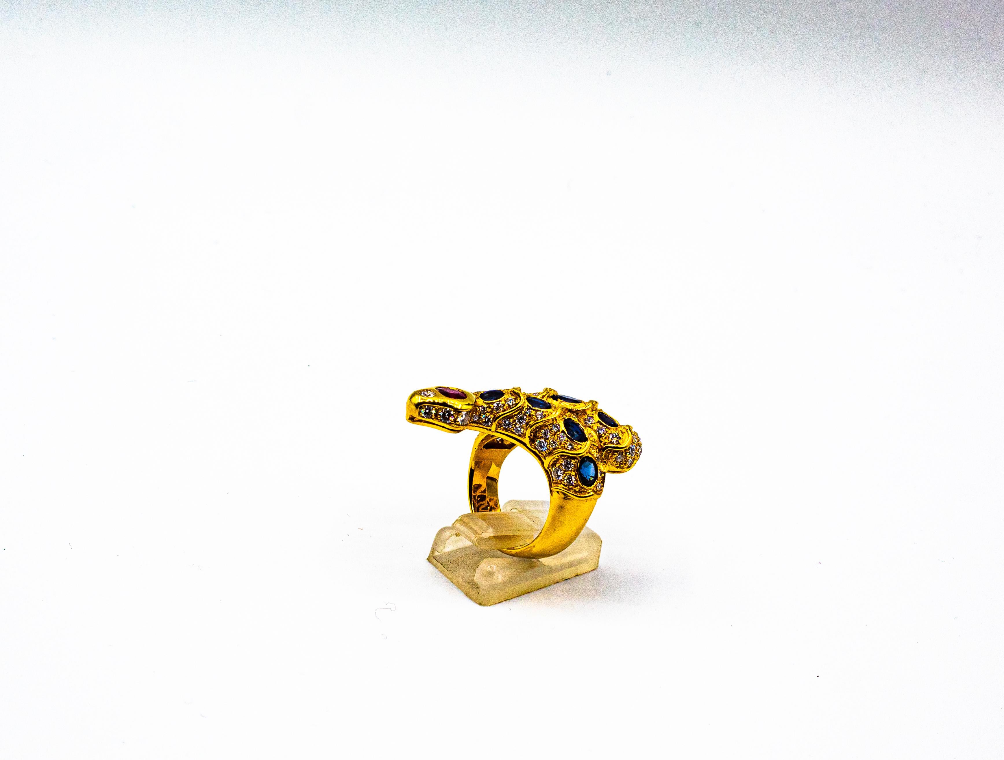 Women's or Men's Handcrafted White Diamond Blue Sapphire Ruby Yellow Gold Cocktail 