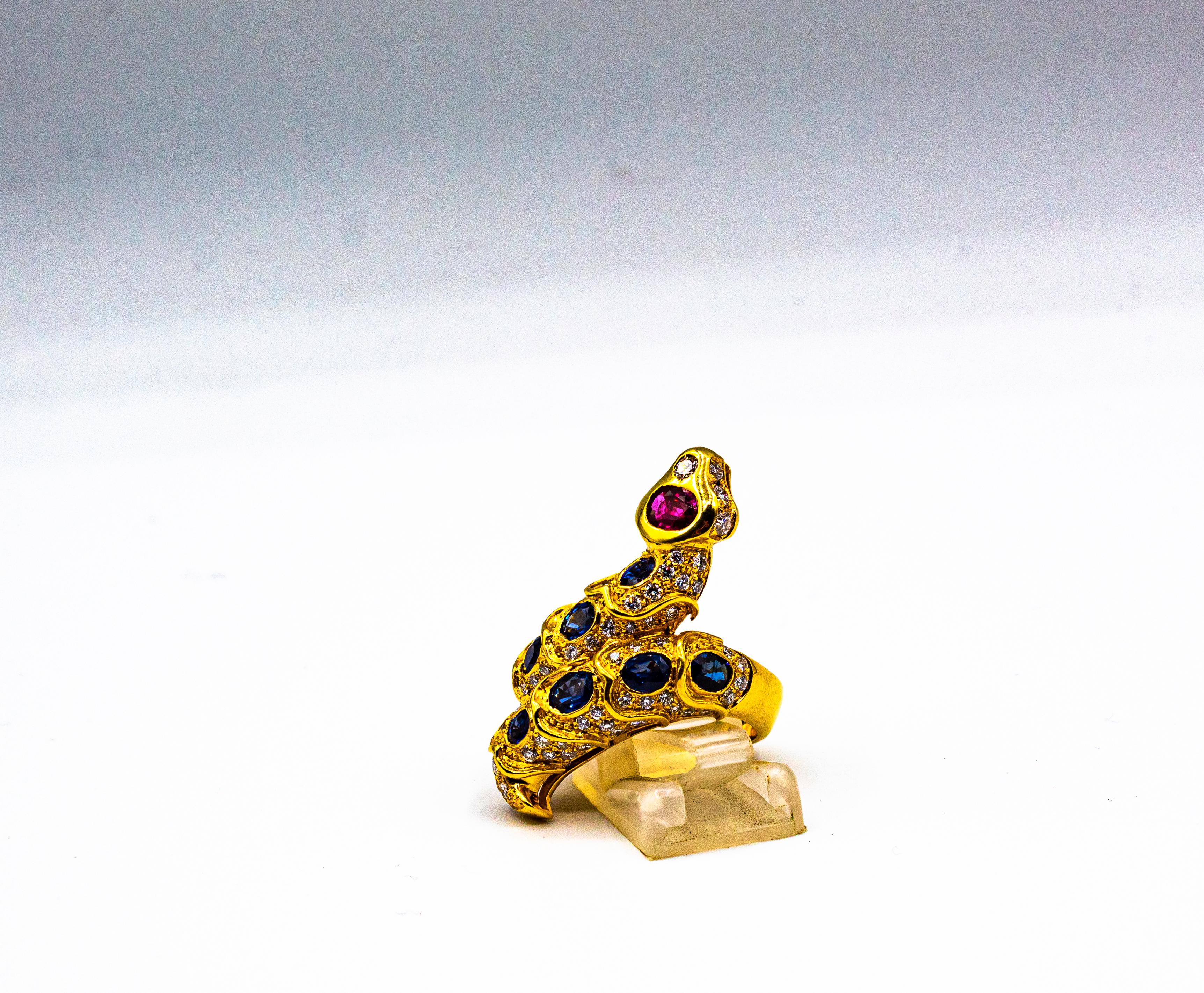Handcrafted White Diamond Blue Sapphire Ruby Yellow Gold Cocktail 