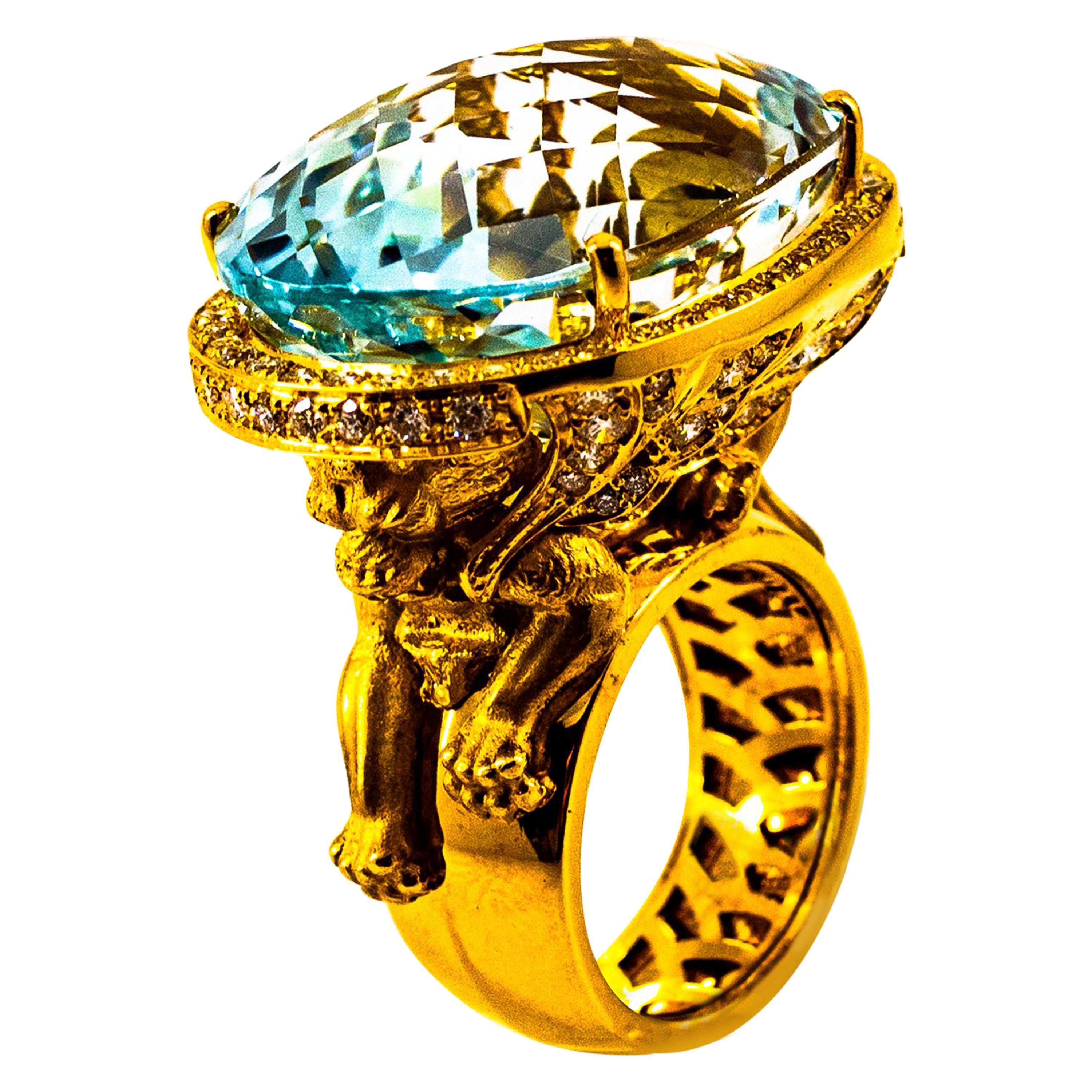 Handcrafted White Diamond Brazilian Blue Topaz Yellow Gold Cocktail "Lion" Ring