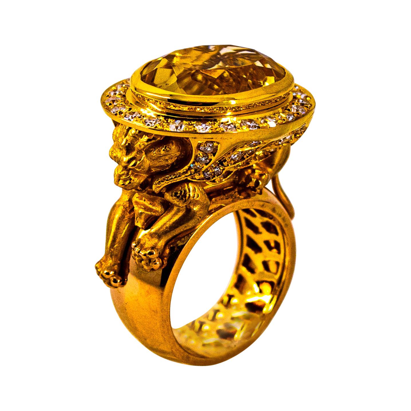 Handcrafted White Diamond Oval Cut Citrine Yellow Gold Cocktail "Lion" Ring