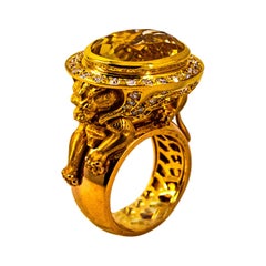 Handcrafted White Diamond Oval Cut Citrine Yellow Gold Cocktail "Lion" Ring