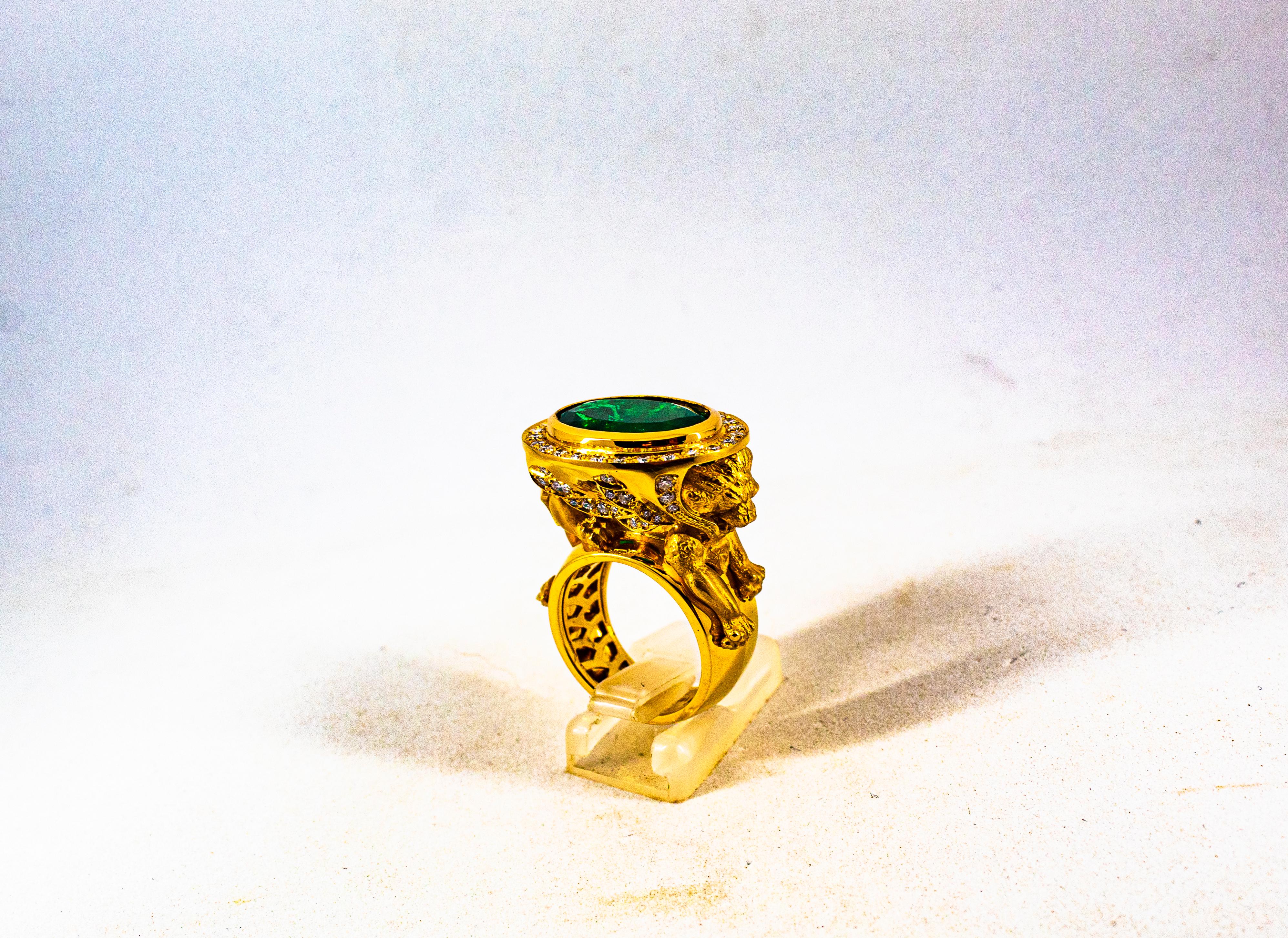 Handcrafted White Diamond Oval Cut Emerald Yellow Gold Cocktail 