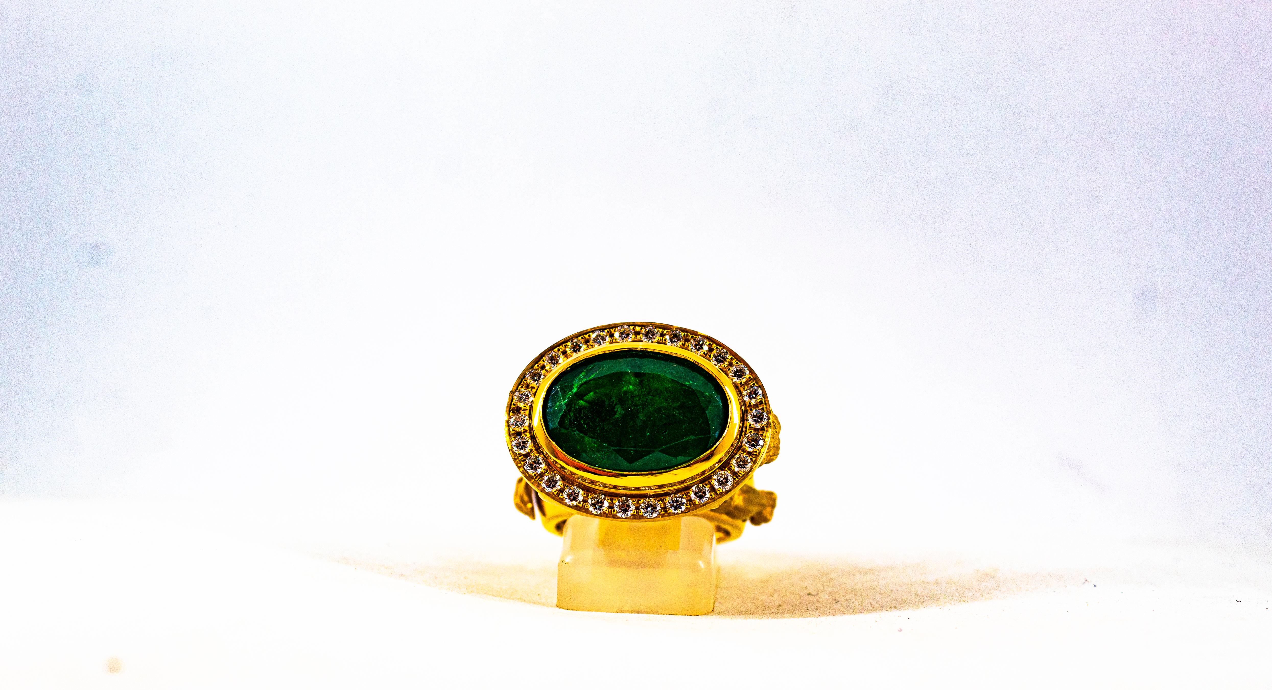 Handcrafted White Diamond Oval Cut Emerald Yellow Gold Cocktail 