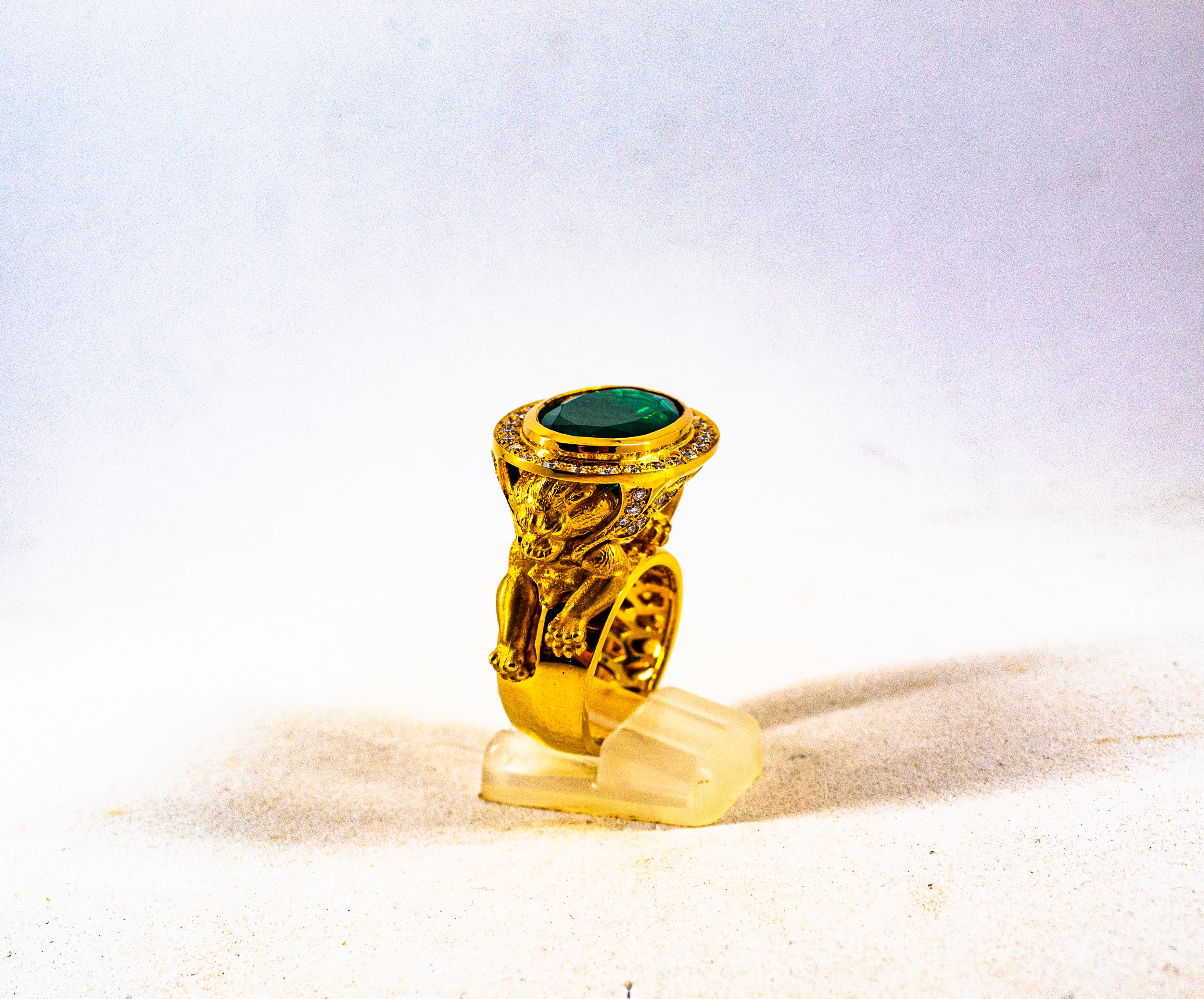 Modern Handcrafted White Diamond Oval Cut Emerald Yellow Gold Cocktail 