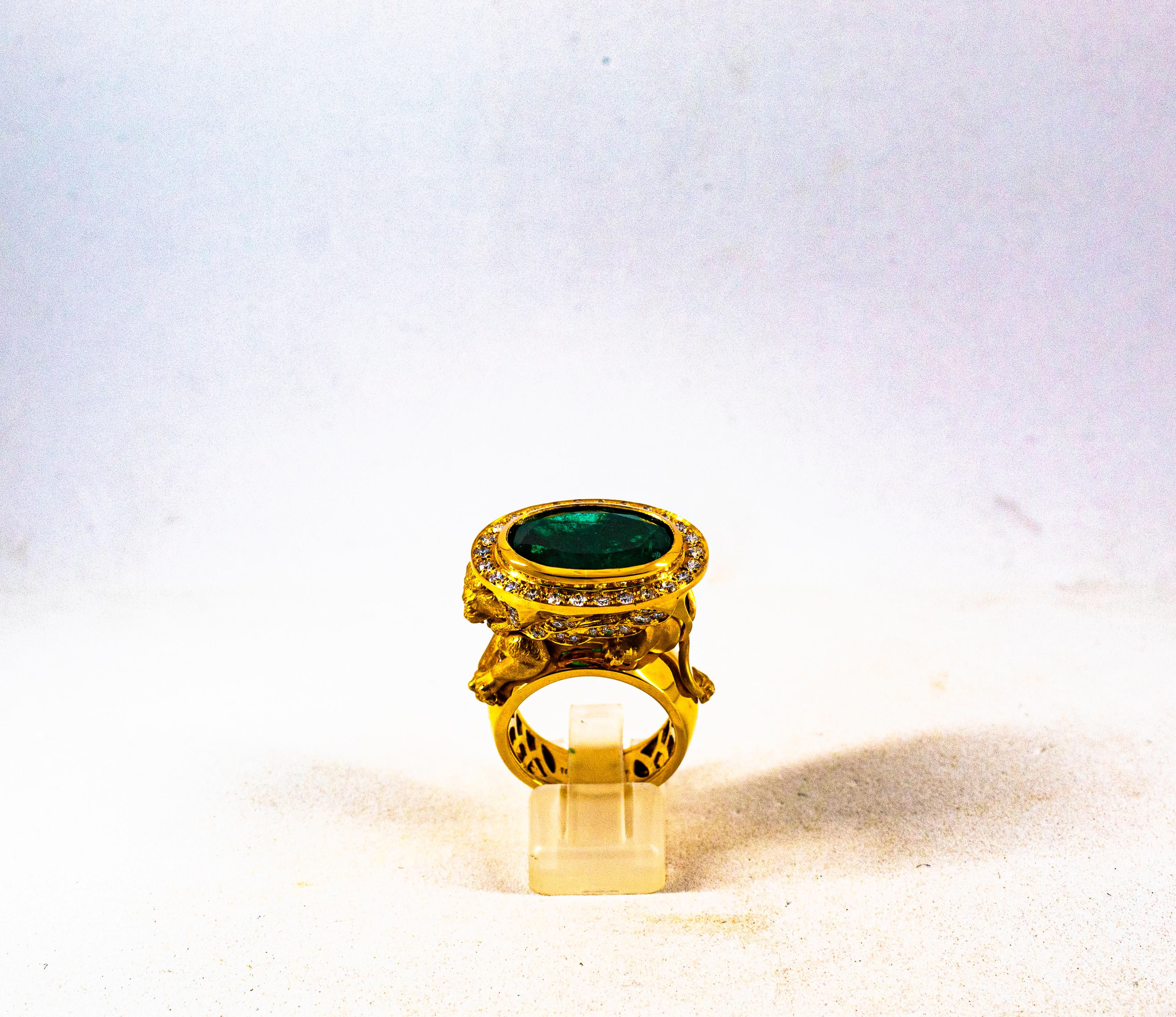 Brilliant Cut Handcrafted White Diamond Oval Cut Emerald Yellow Gold Cocktail 