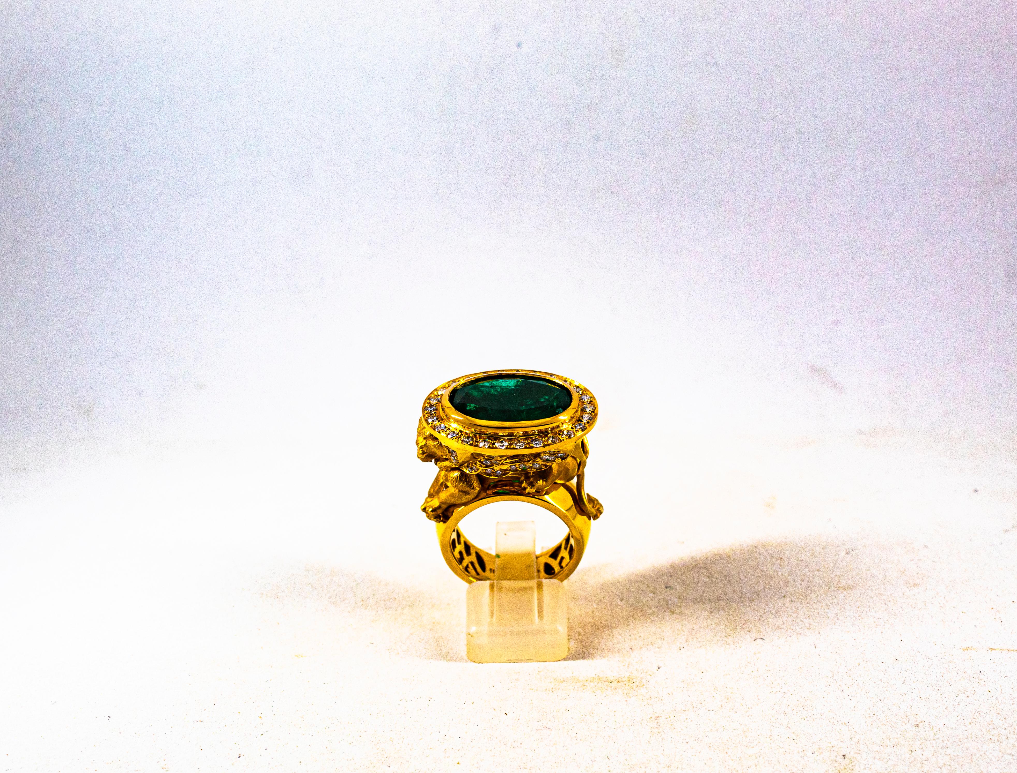 Modern Handcrafted White Diamond Oval Cut Emerald Yellow Gold Cocktail 