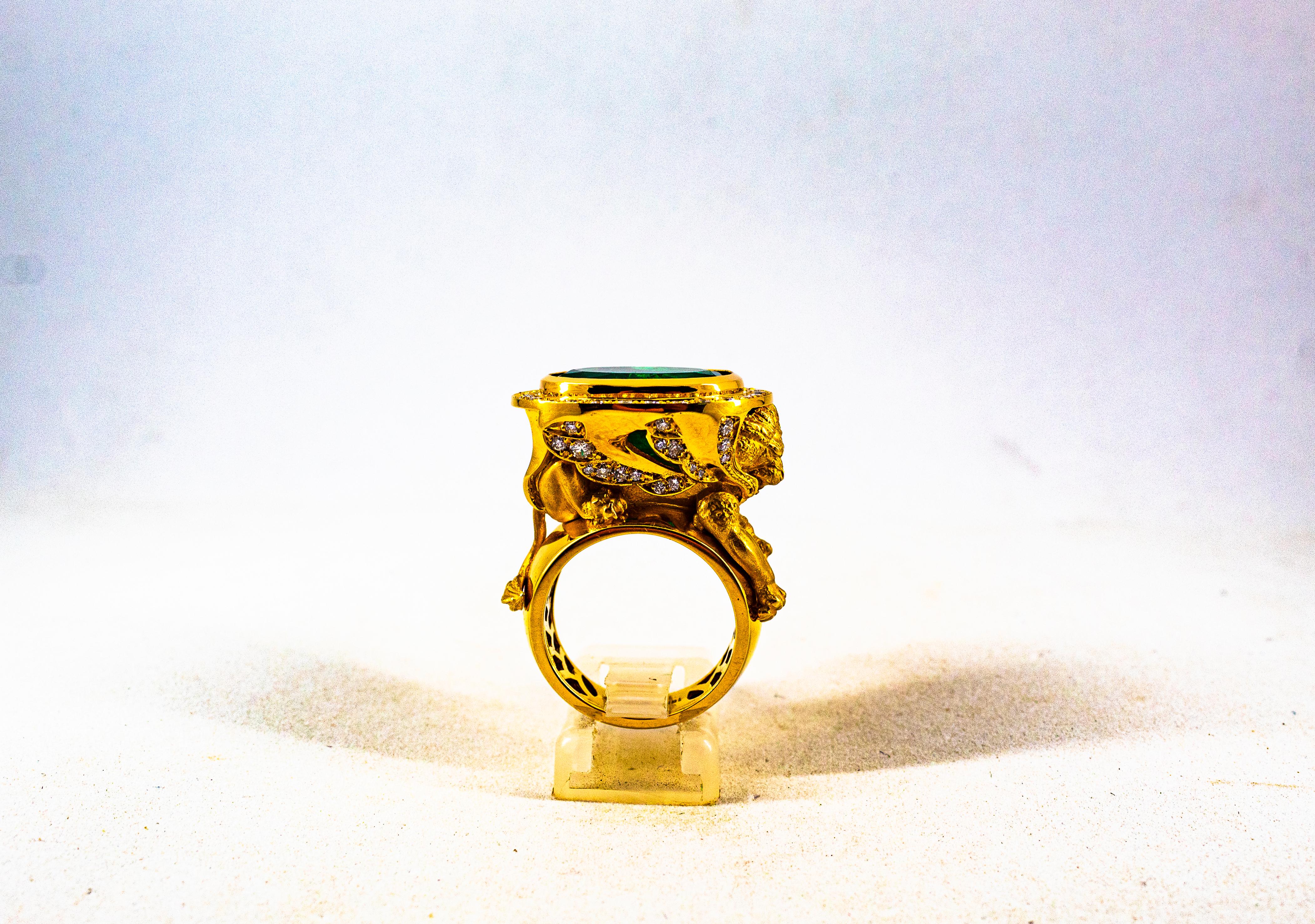 Handcrafted White Diamond Oval Cut Emerald Yellow Gold Cocktail 