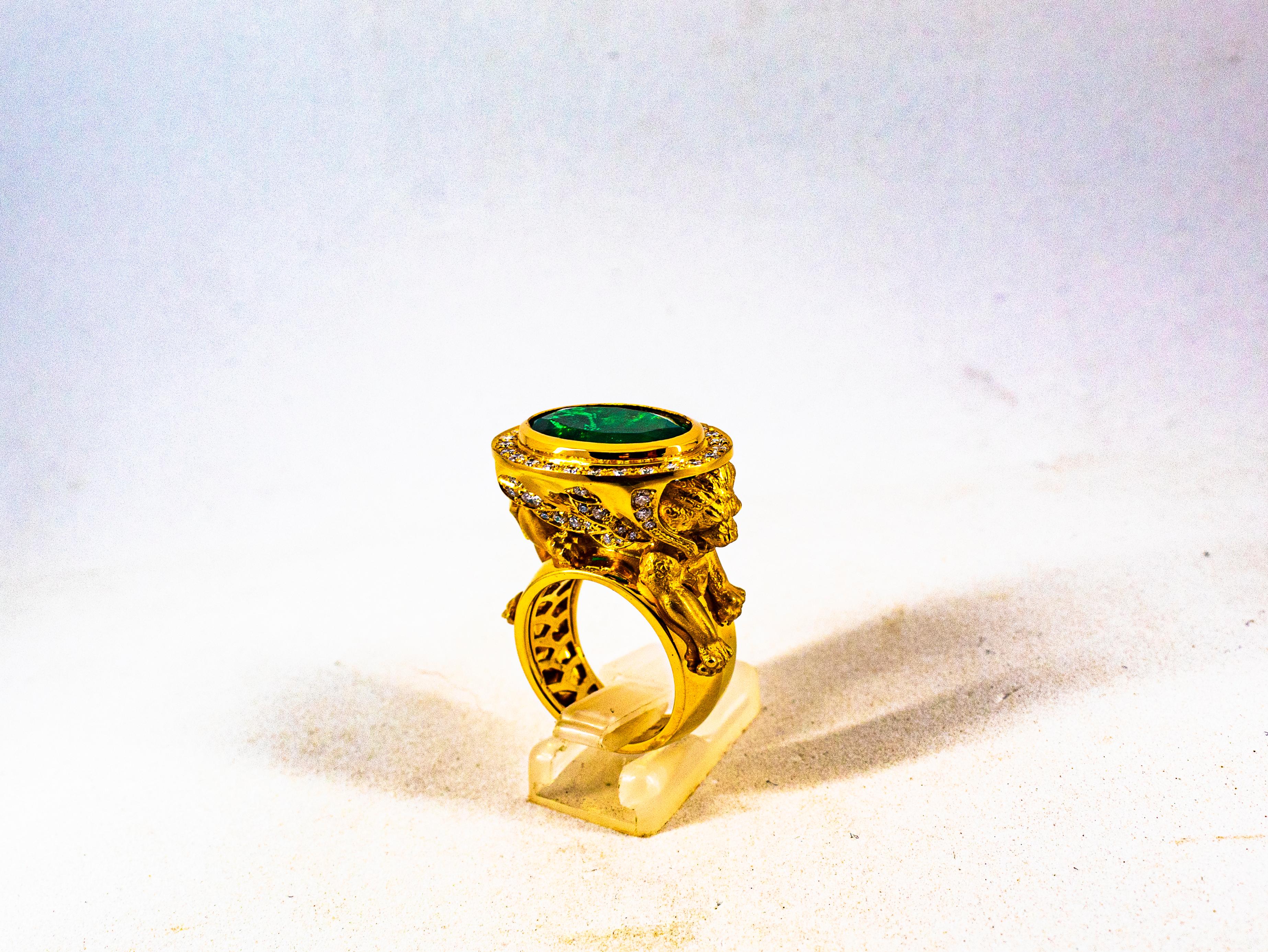 Handcrafted White Diamond Oval Cut Emerald Yellow Gold Cocktail 