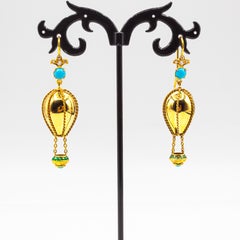 Handcrafted White Diamond Turquoise Yellow Gold "Hot-Air Balloon" Drop Earrings