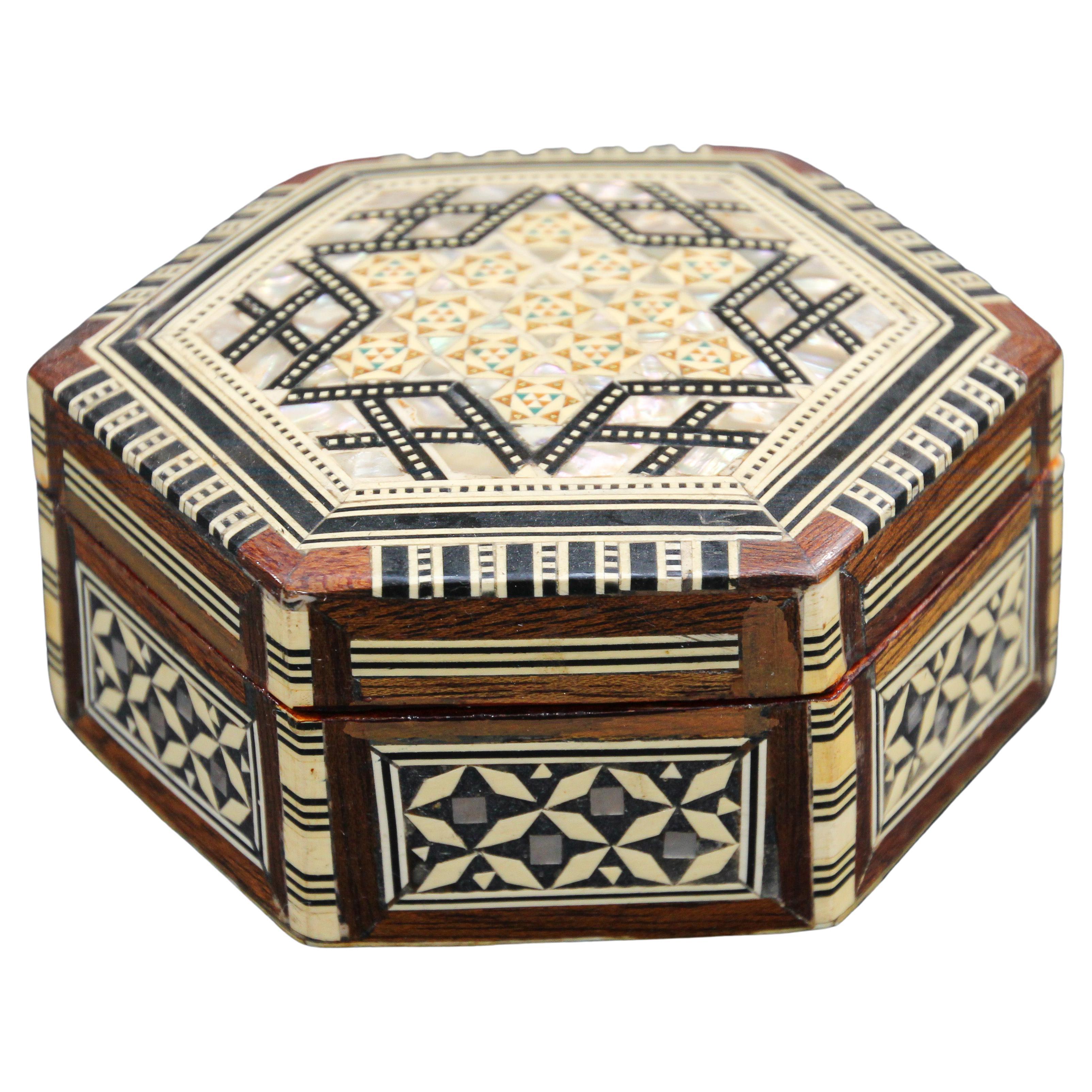 Handcrafted White Mosaic Marquetry Moorish Octagonal Box For Sale