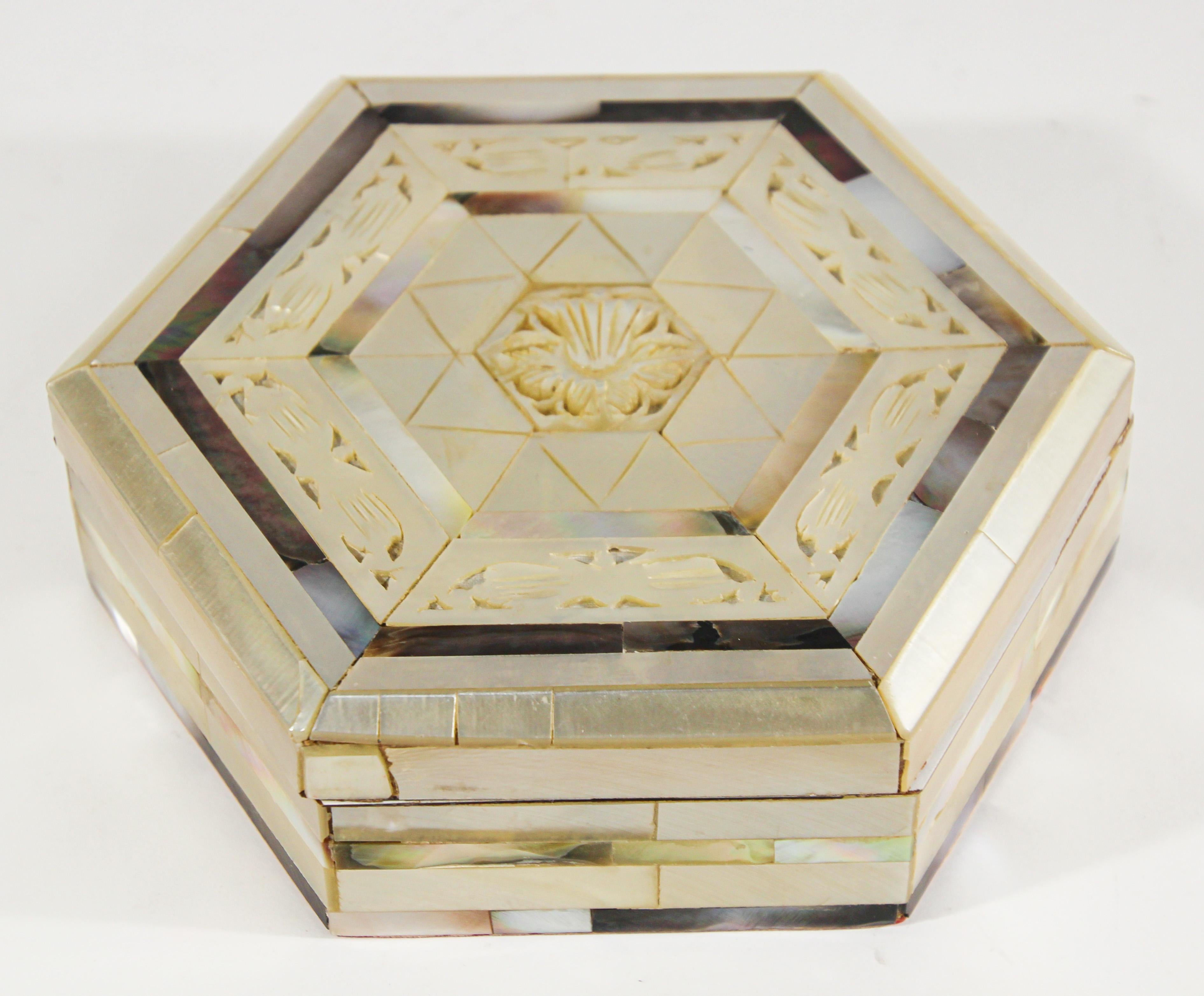 Shell Handcrafted White Mother of Pearl Inlaid Moorish Octagonal Box For Sale