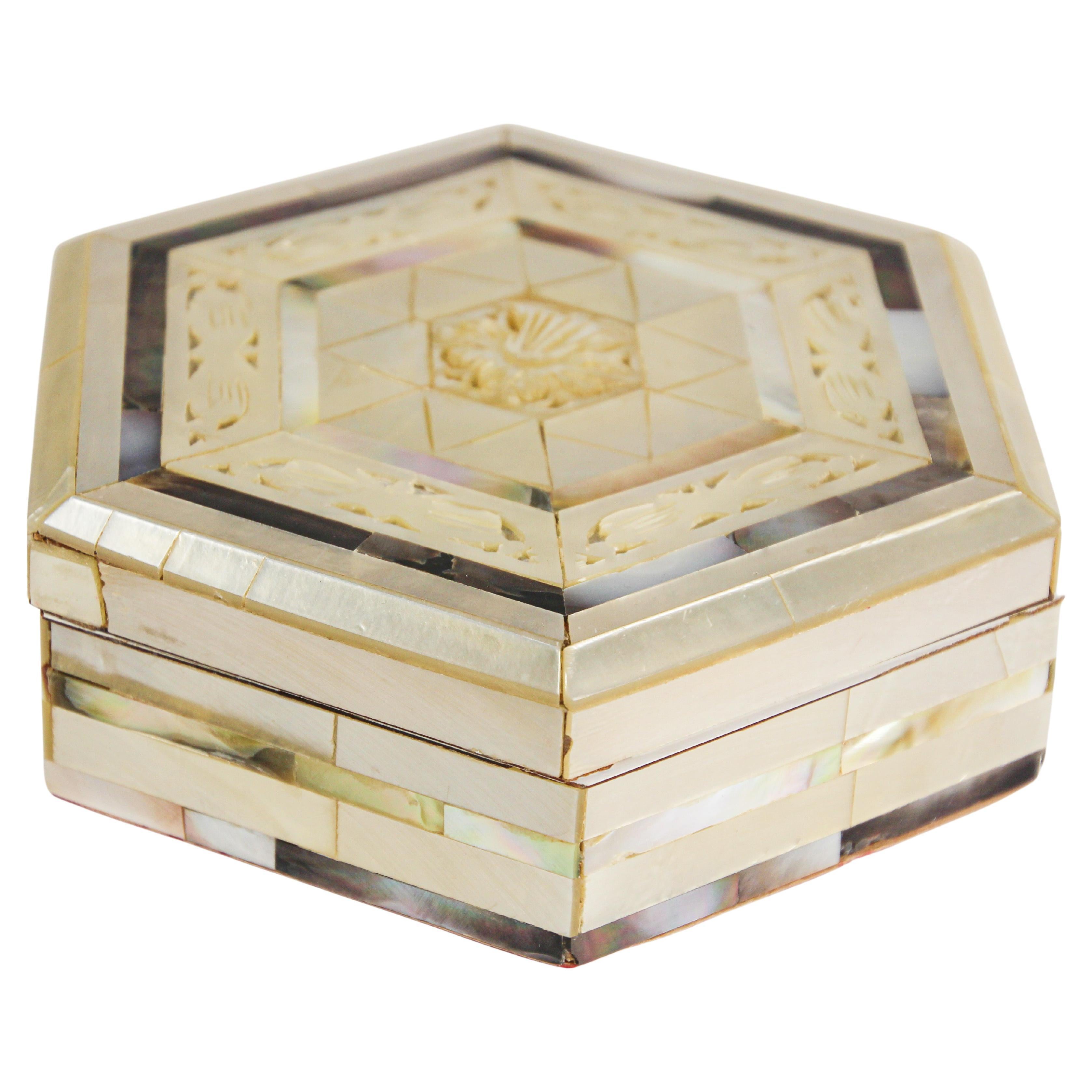 Handcrafted White Mother of Pearl Inlaid Moorish Octagonal Box For Sale