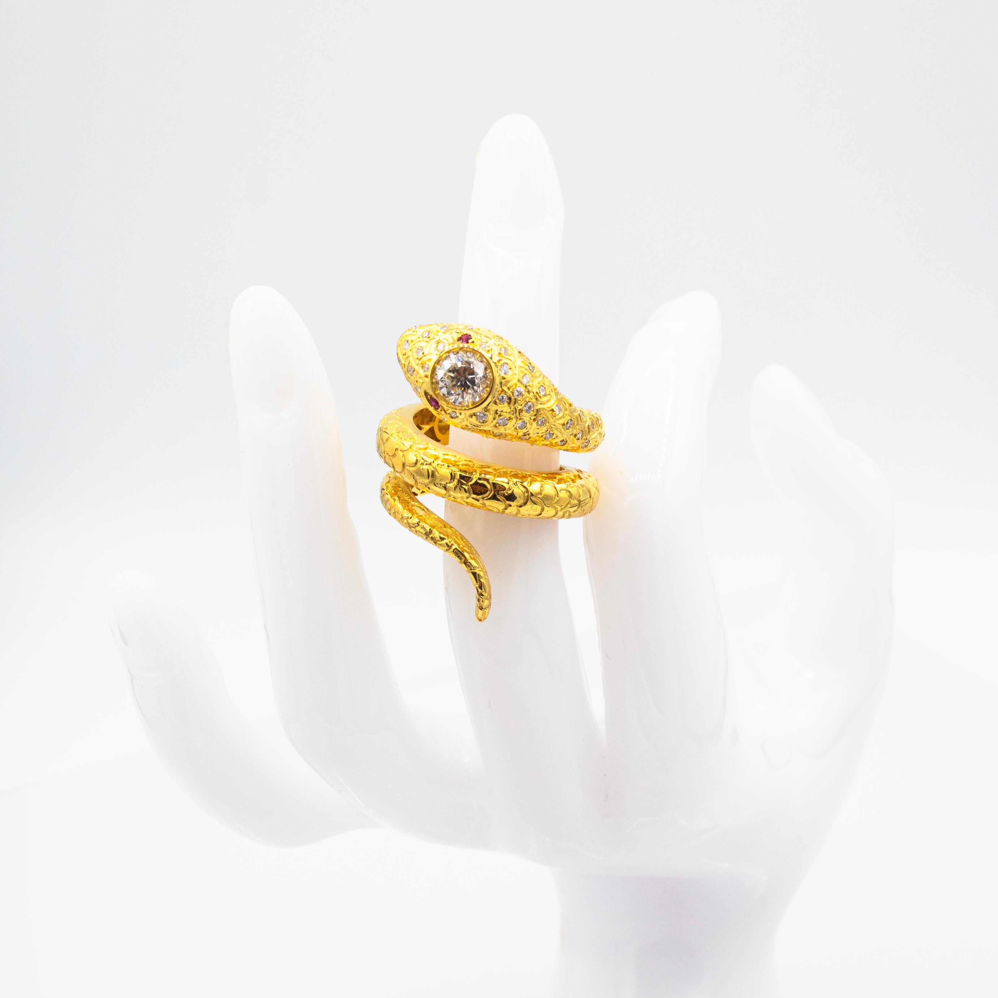 Handcrafted White Old European Cut Diamond Ruby Yellow Gold Cocktail Snake Ring 5