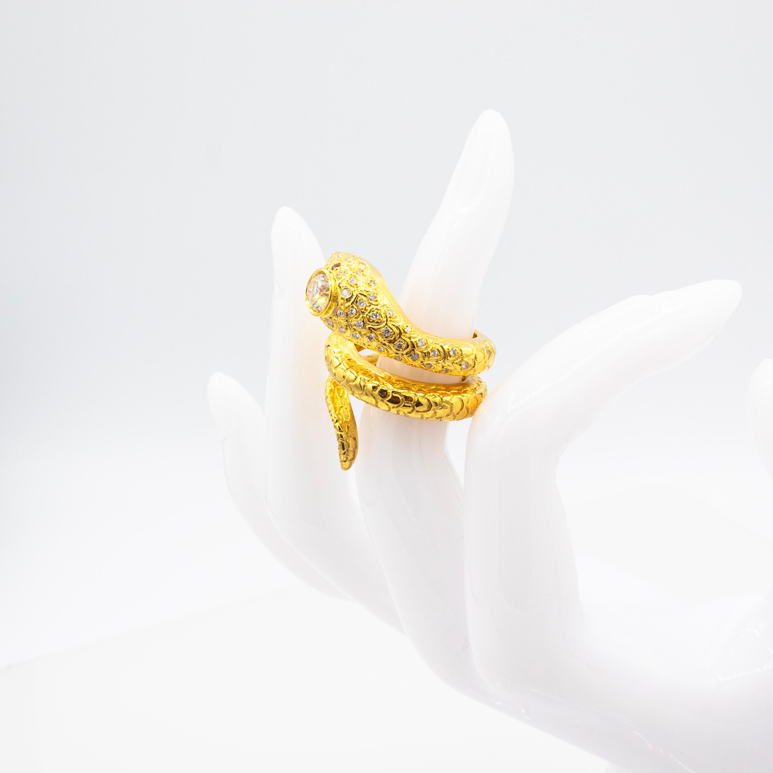 Handcrafted White Old European Cut Diamond Ruby Yellow Gold Cocktail Snake Ring 6