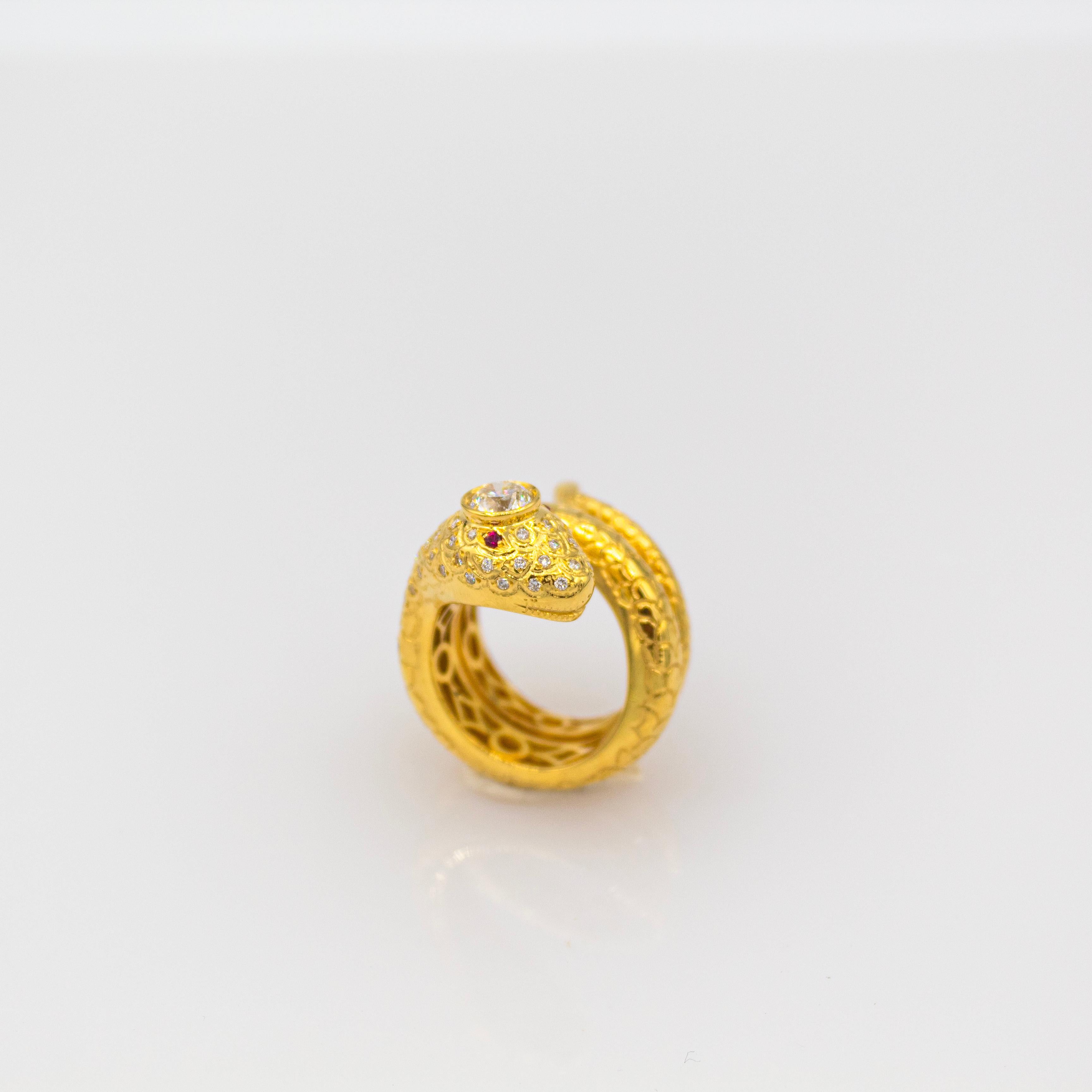 Art Deco Handcrafted White Old European Cut Diamond Ruby Yellow Gold Cocktail Snake Ring