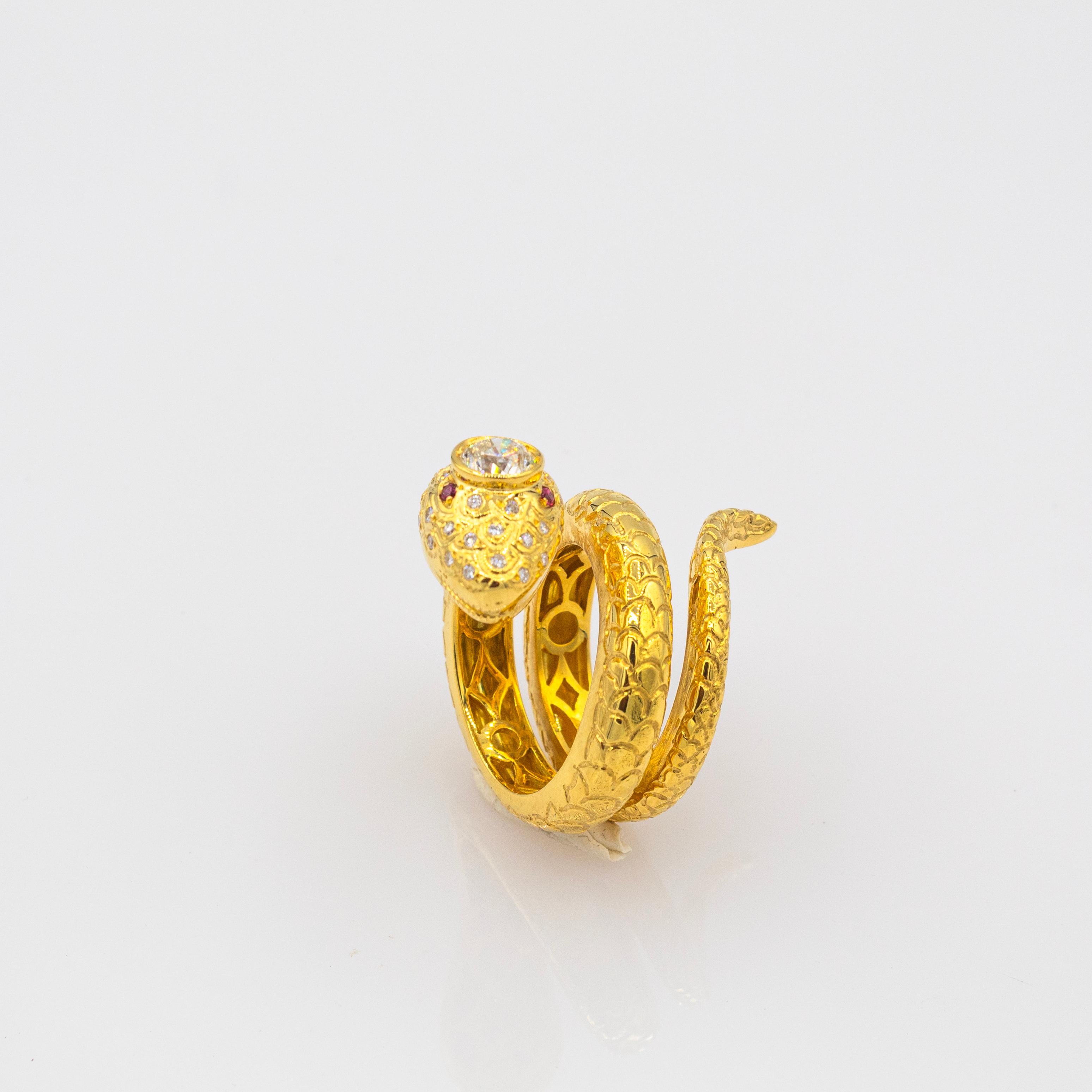 Women's or Men's Handcrafted White Old European Cut Diamond Ruby Yellow Gold Cocktail Snake Ring