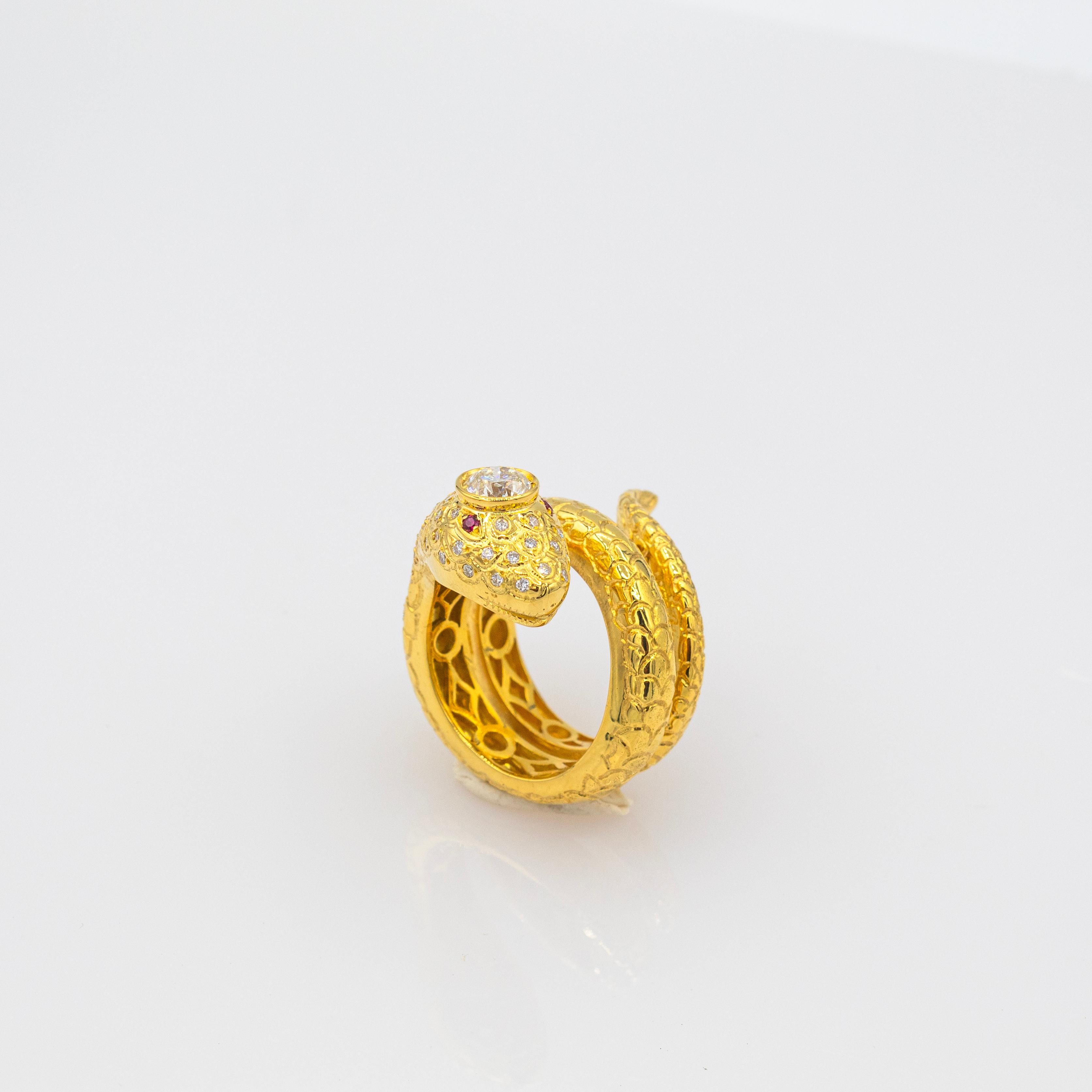 Handcrafted White Old European Cut Diamond Ruby Yellow Gold Cocktail Snake Ring 1