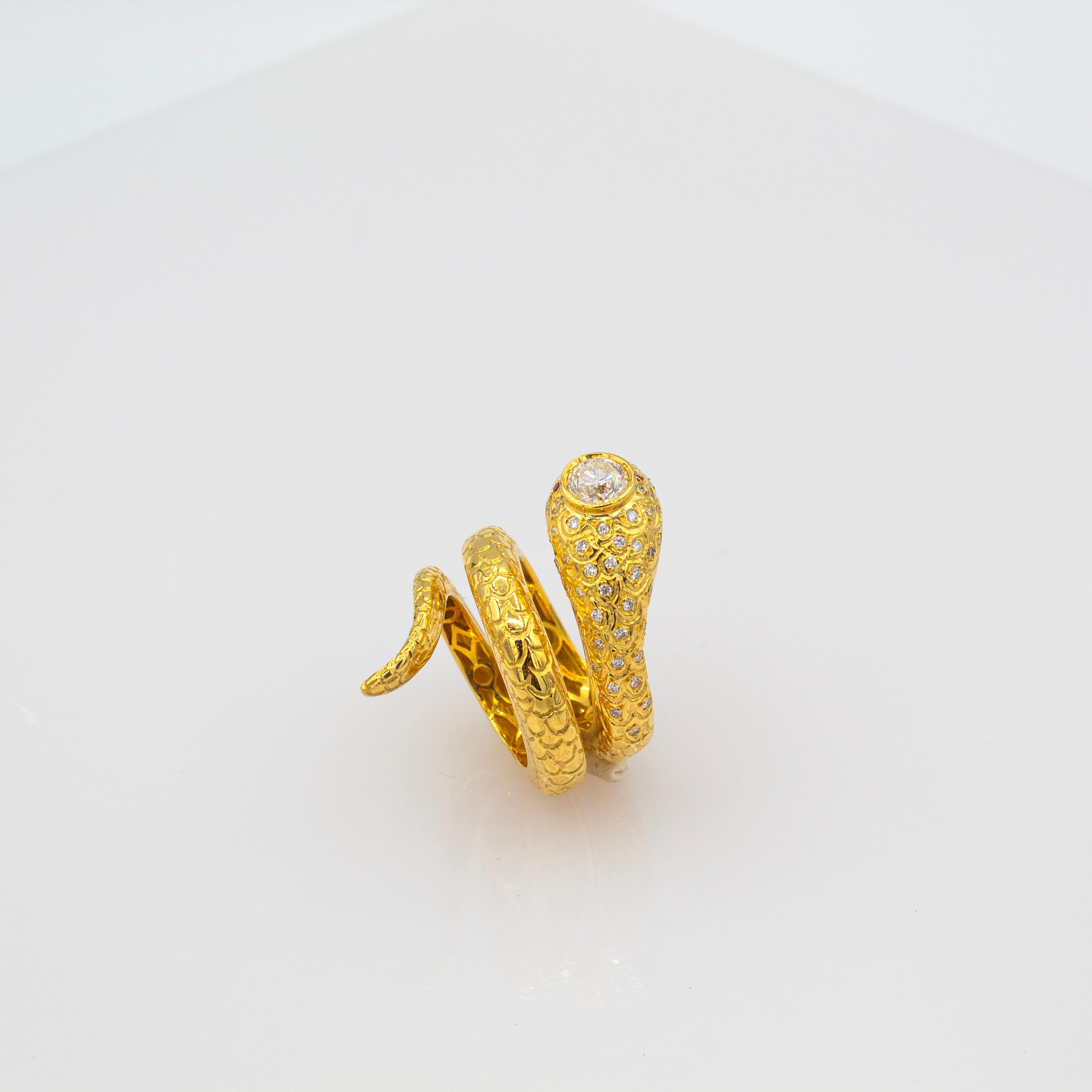 Handcrafted White Old European Cut Diamond Ruby Yellow Gold Cocktail Snake Ring 2