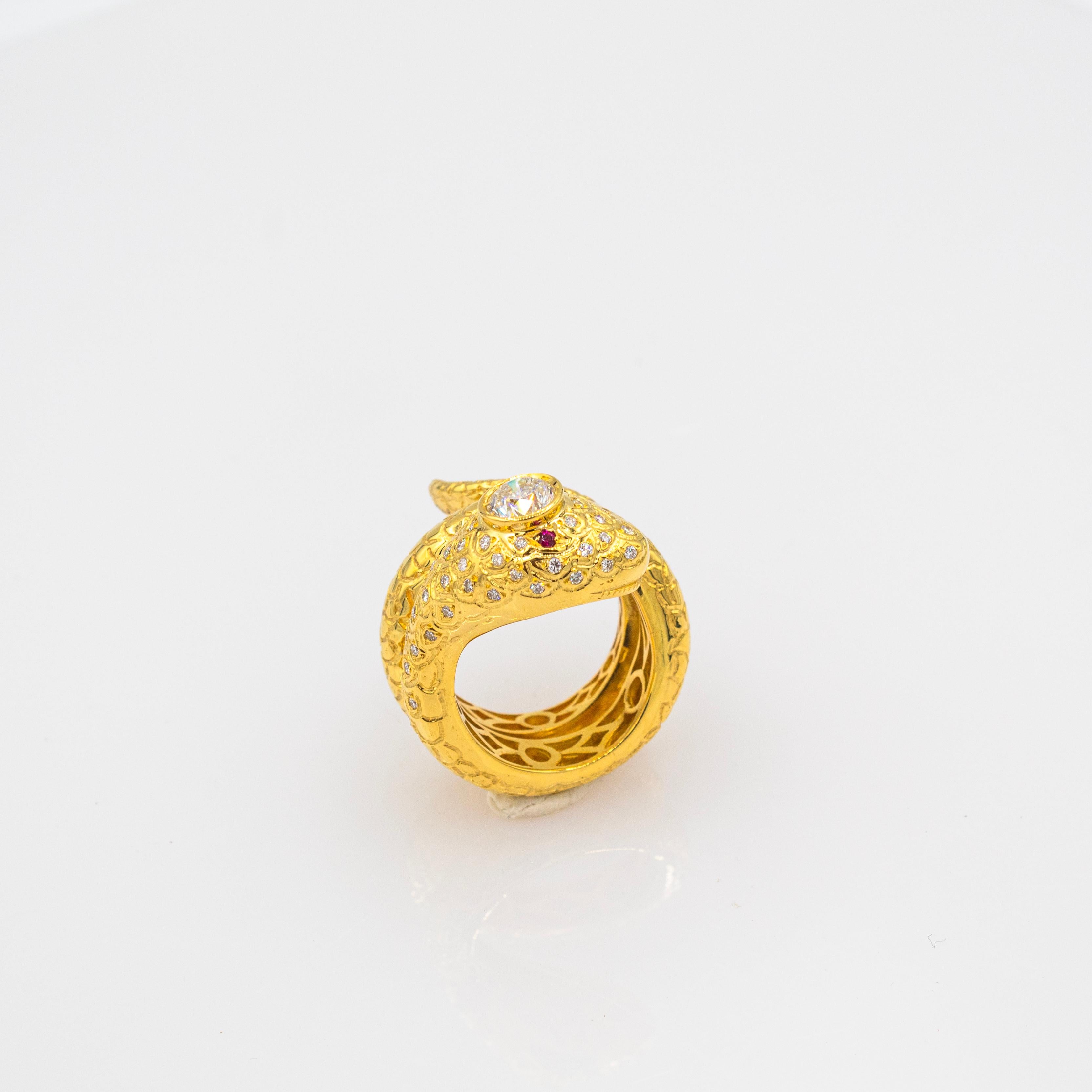 Handcrafted White Old European Cut Diamond Ruby Yellow Gold Cocktail Snake Ring 3