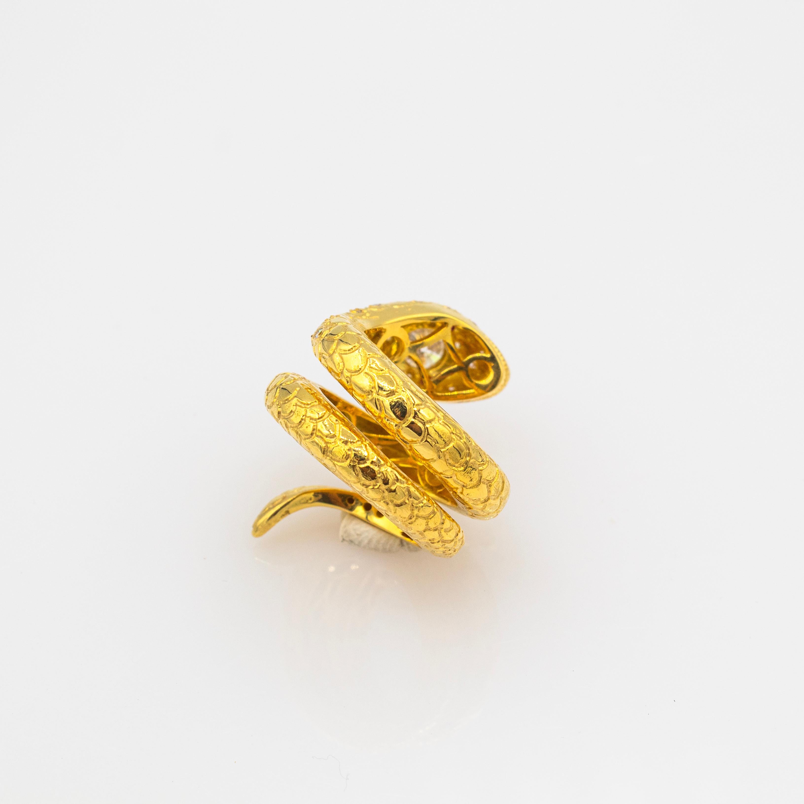 Handcrafted White Old European Cut Diamond Ruby Yellow Gold Cocktail Snake Ring 4