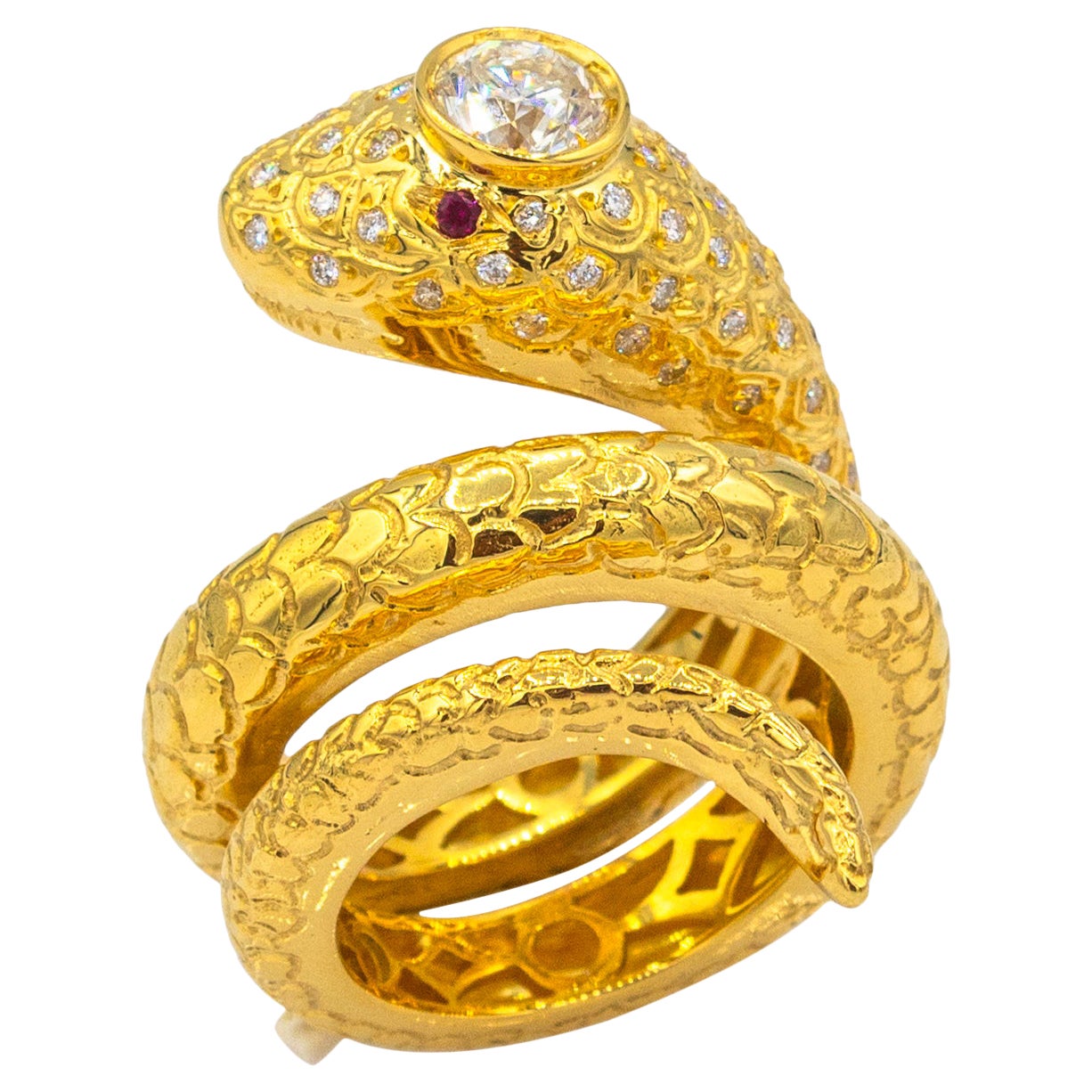 Handcrafted White Old European Cut Diamond Ruby Yellow Gold Cocktail Snake Ring