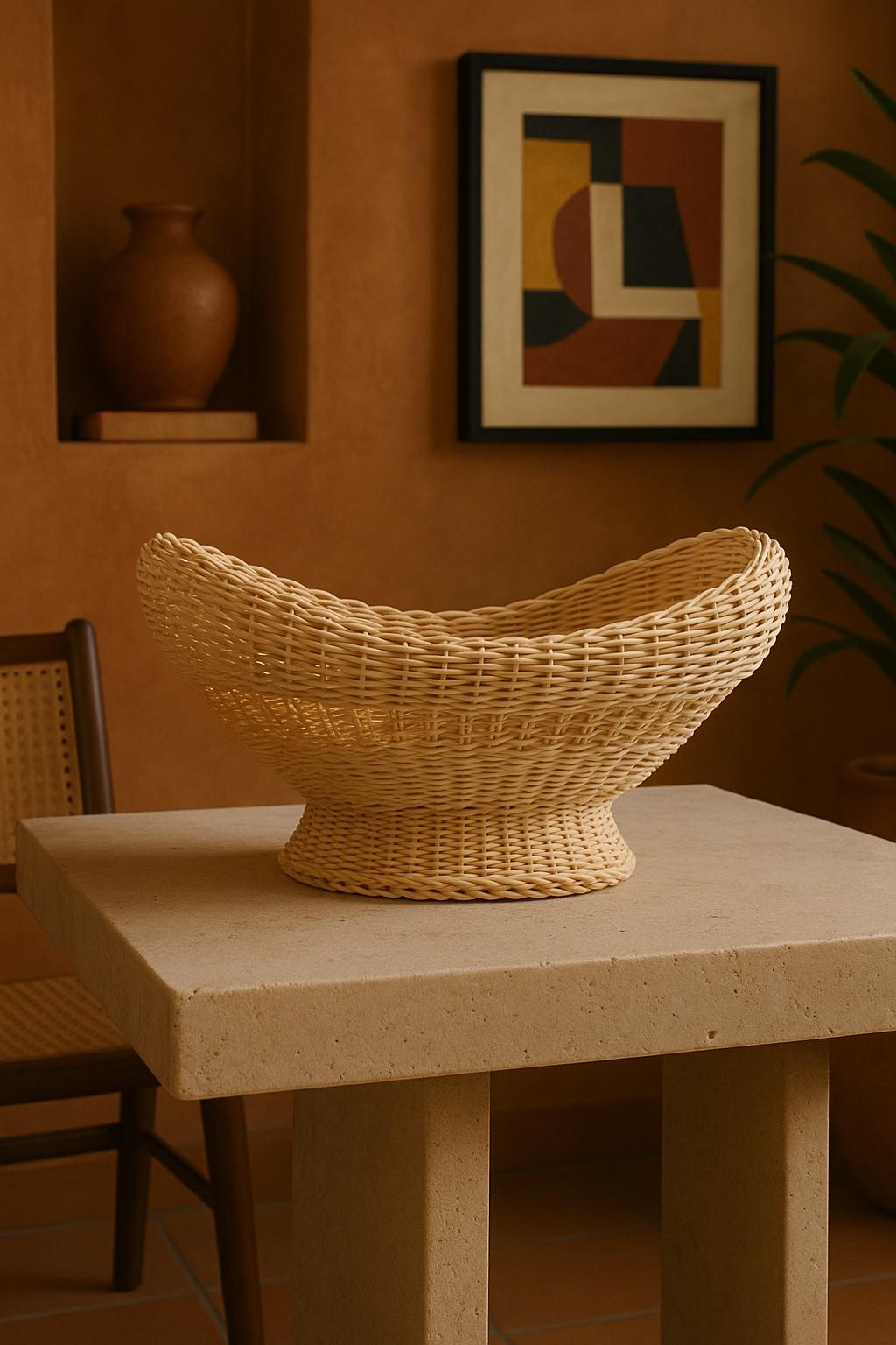 Organique Panier à fruits décoratif en osier tressé à la main Folk Art Mexico Hand-Woven Rattan en vente