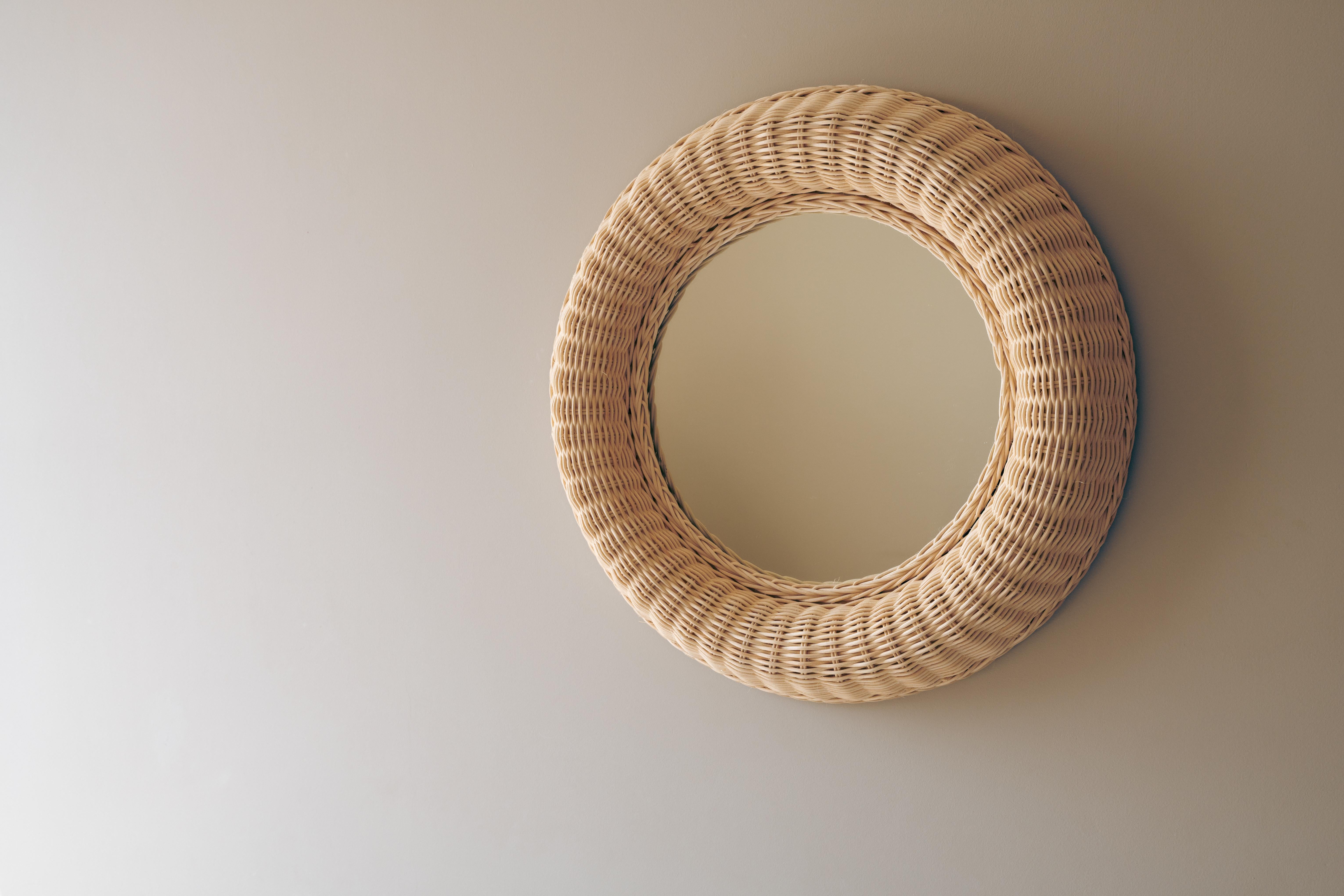 Organic Modern Handcrafted Wicker Round Decorative Mirror Folk Art Mexico Hand-Woven Rattan 40