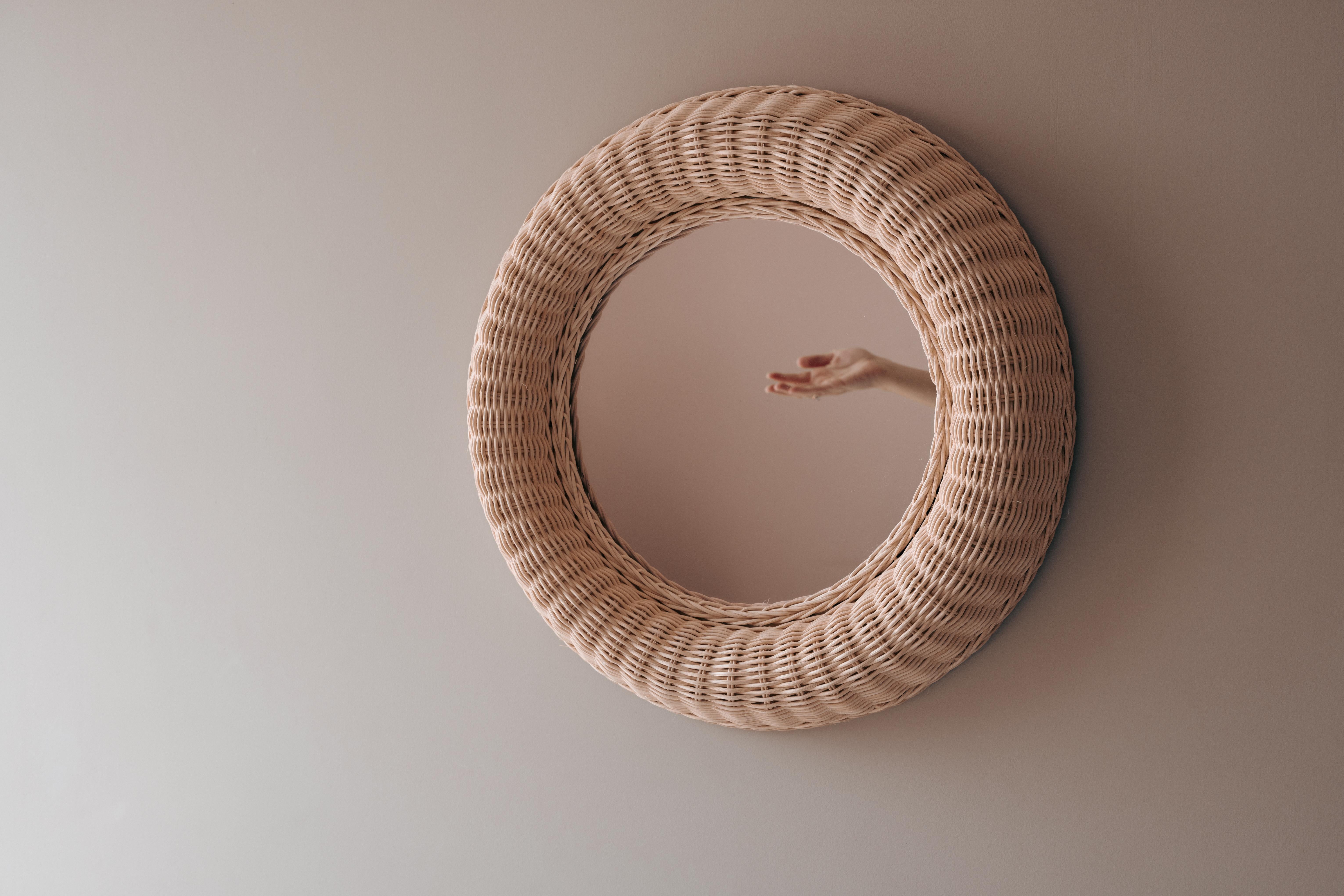 Mexican Handcrafted Wicker Round Decorative Mirror Folk Art Mexico Hand-Woven Rattan 40