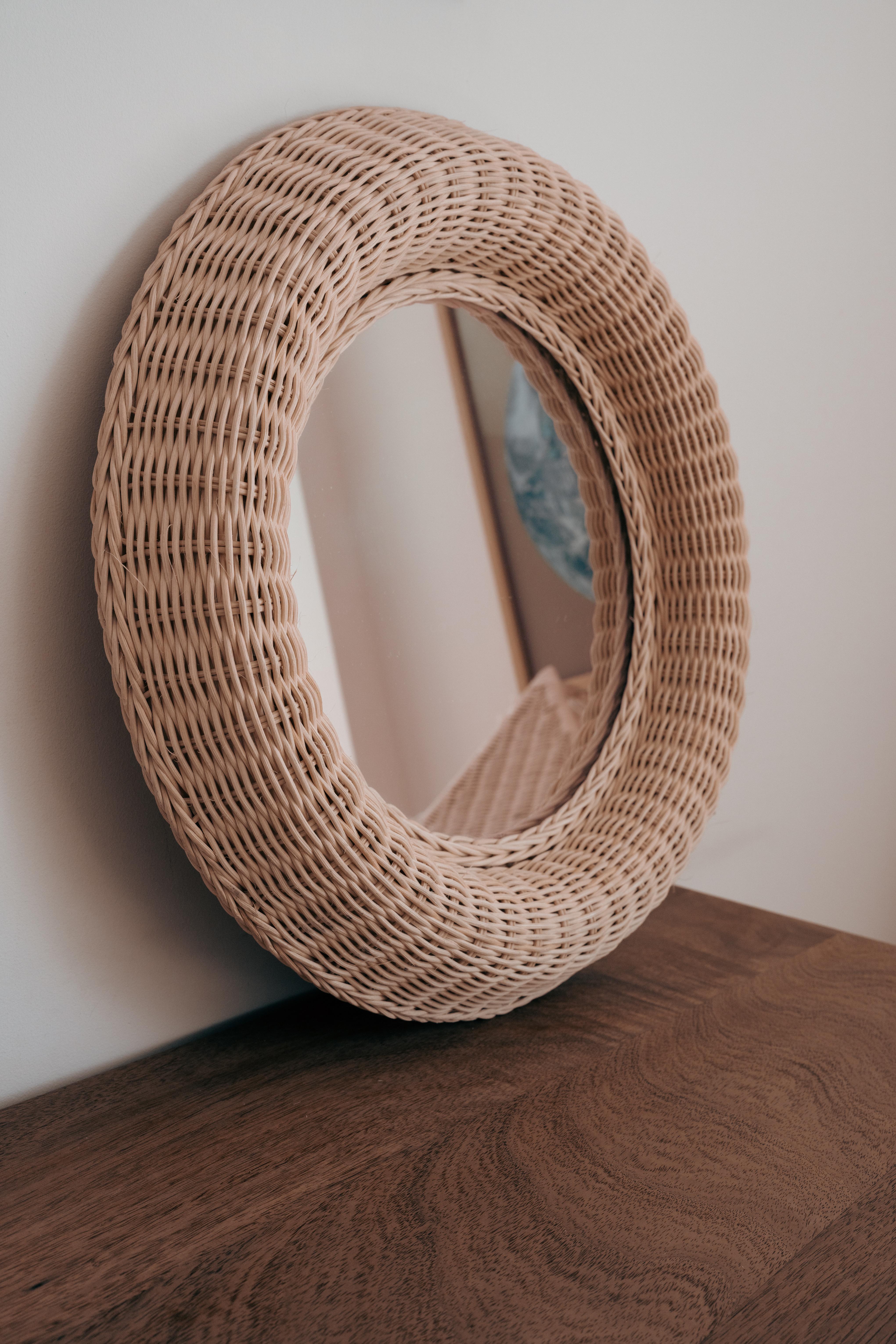 Handcrafted Wicker Round Decorative Mirror Folk Art Mexico Hand-Woven Rattan 40