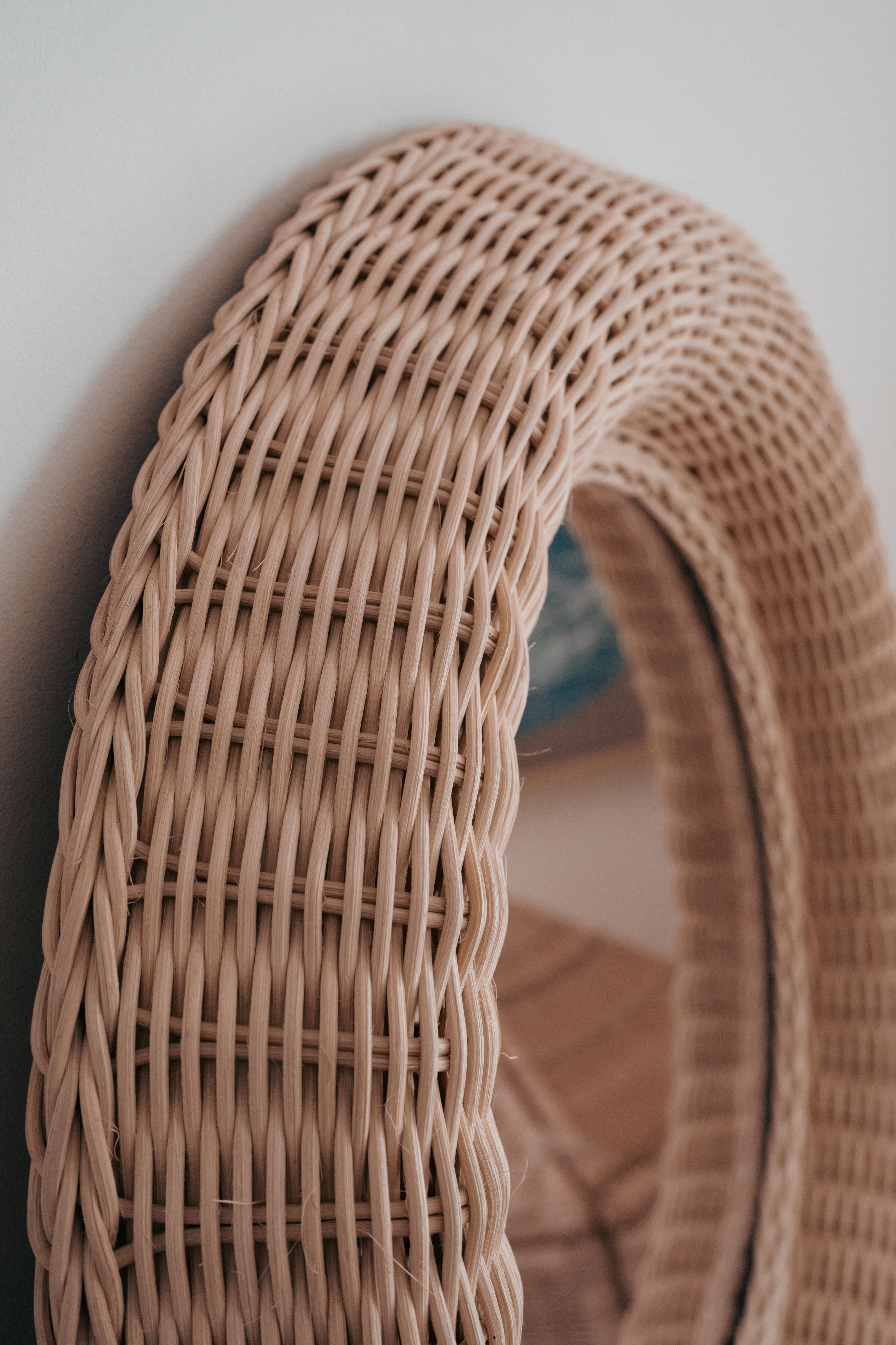 Contemporary Handcrafted Wicker Round Decorative Mirror Folk Art Mexico Hand-Woven Rattan 40