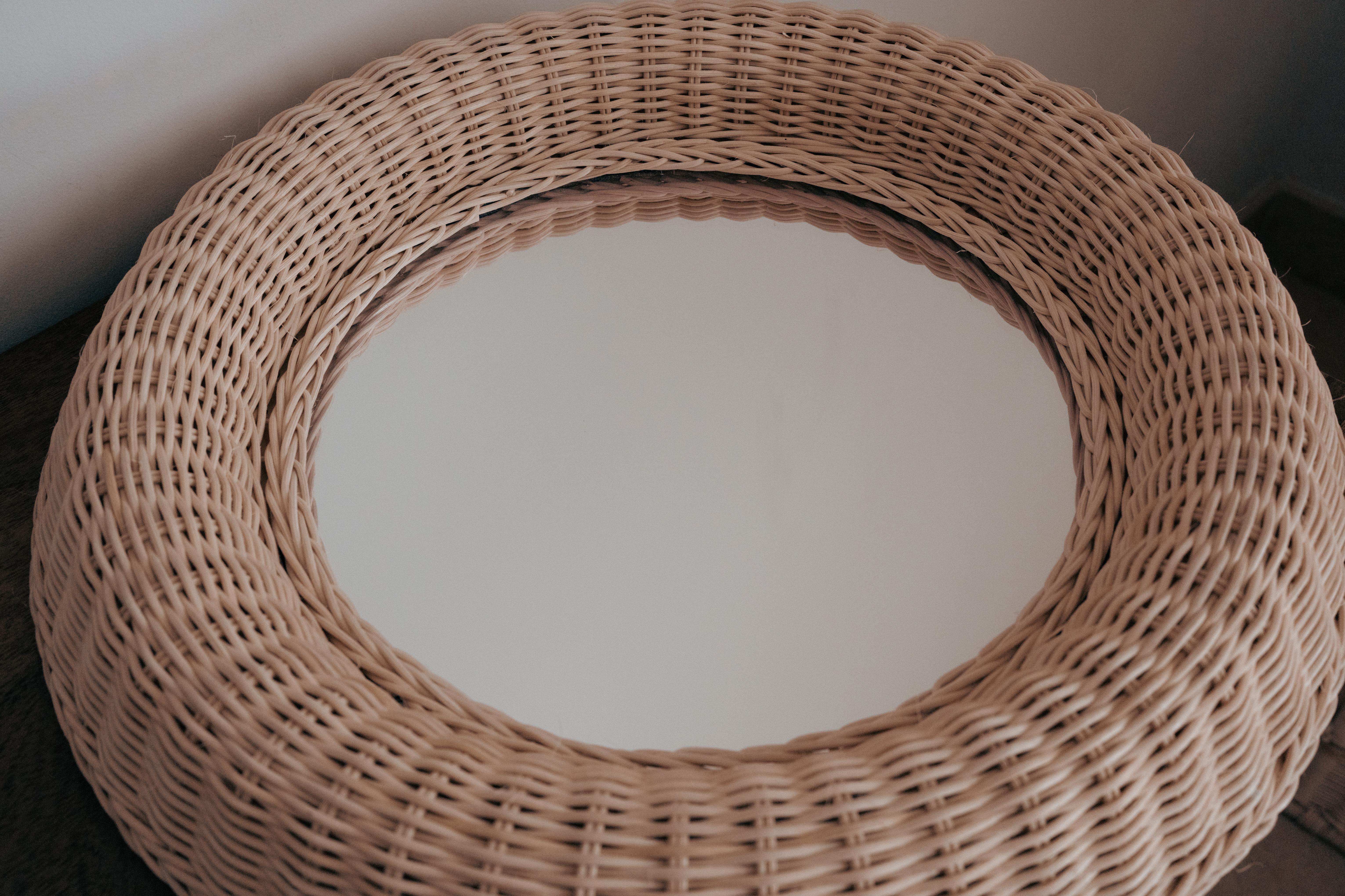 Handcrafted Wicker Round Decorative Mirror Folk Art Mexico Hand-Woven Rattan 40