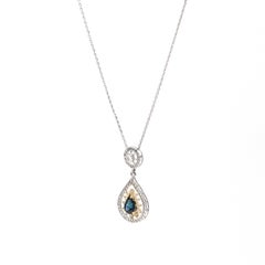 Handcrafted Women's Diamond and Blue Sapphire Dangle Pendant Necklace 14k Gold