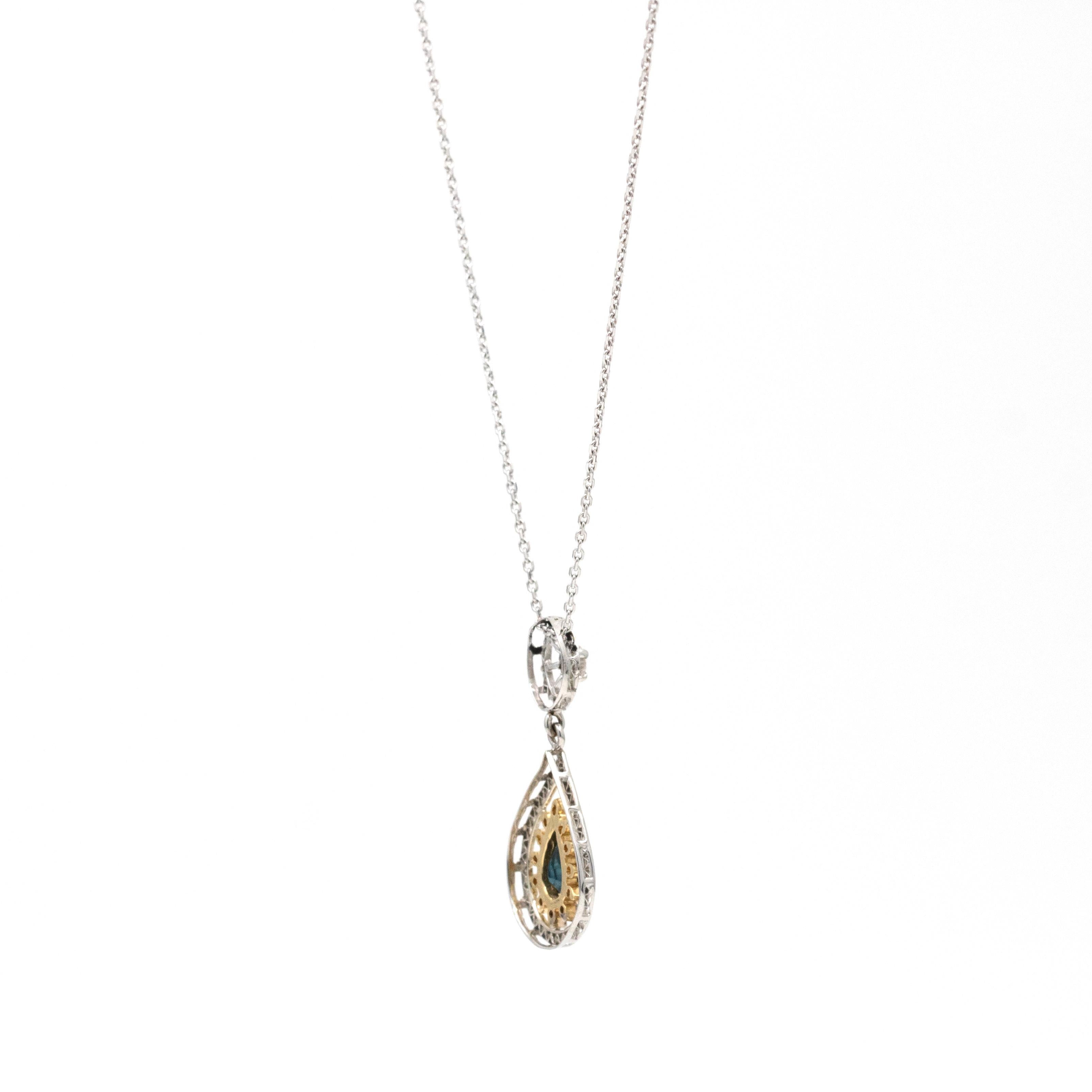 Pear Cut Handcrafted Women's Diamond and Blue Sapphire Dangle Pendant Necklace 14k Gold For Sale