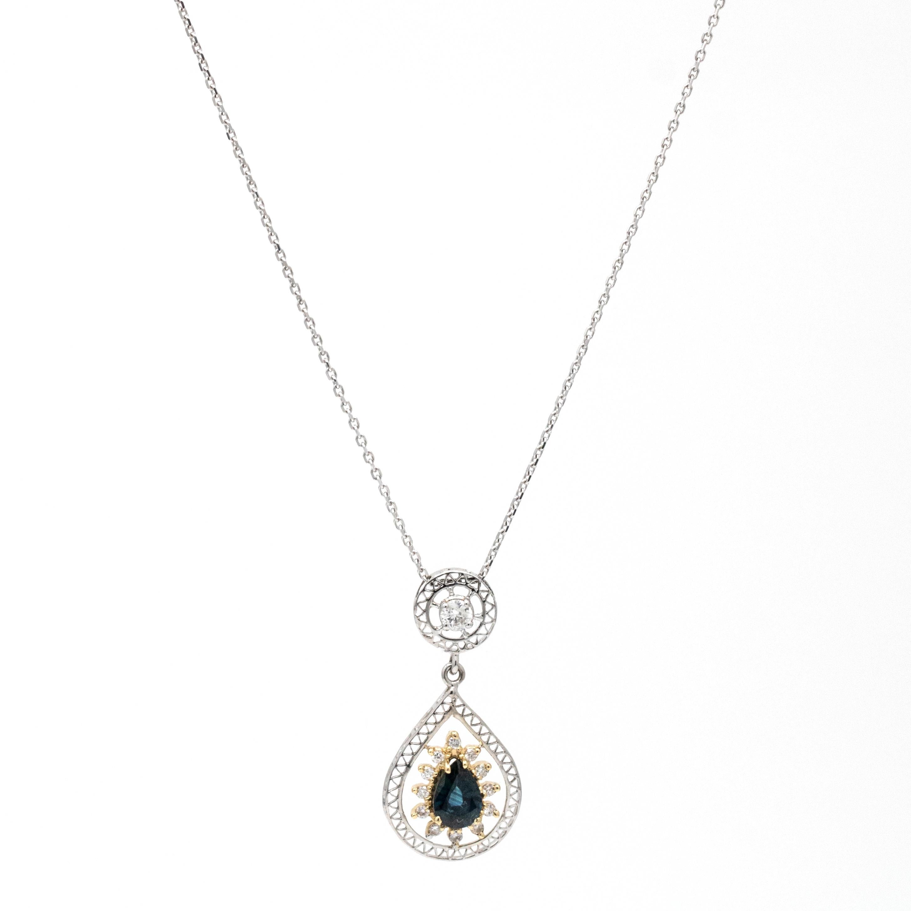 Handcrafted Women's Diamond and Blue Sapphire Dangle Pendant Necklace 14k Gold In Excellent Condition For Sale In Boca Raton, FL
