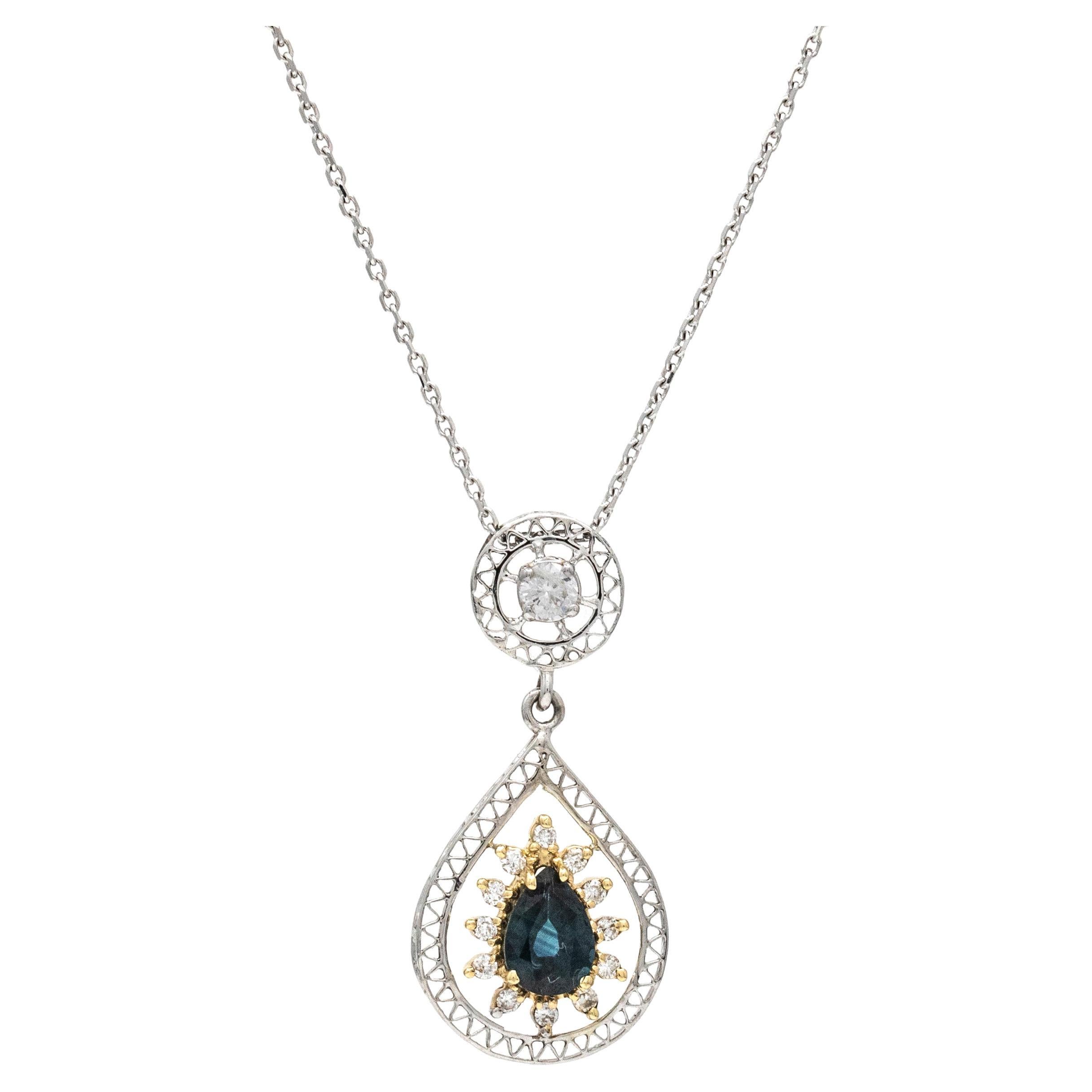 Handcrafted Women's Diamond and Blue Sapphire Dangle Pendant Necklace 14k Gold