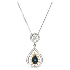 Handcrafted Women's Diamond and Blue Sapphire Dangle Pendant Necklace 14k Gold
