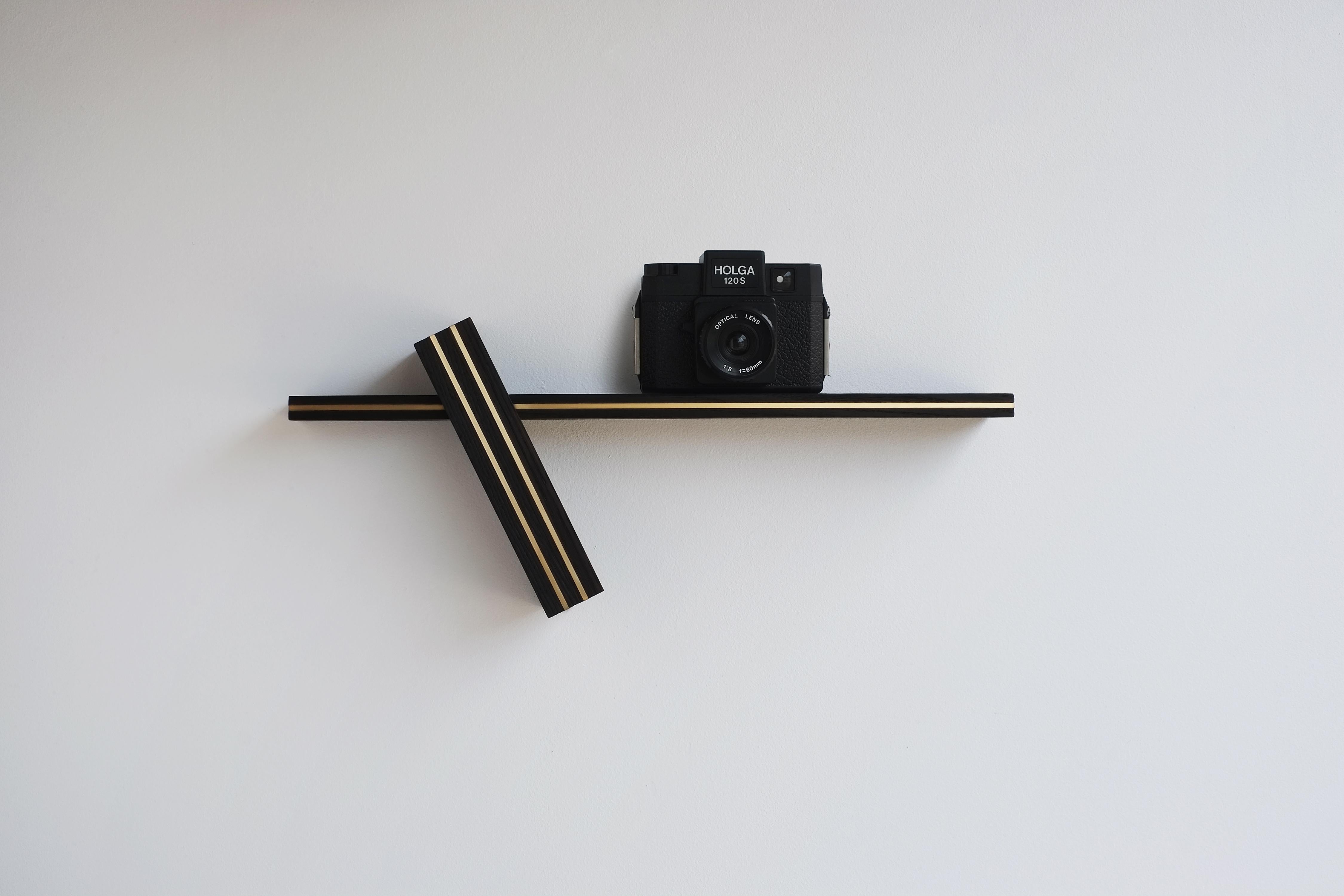 Modern Handcrafted wood and brass wall-mounted shelf  For Sale