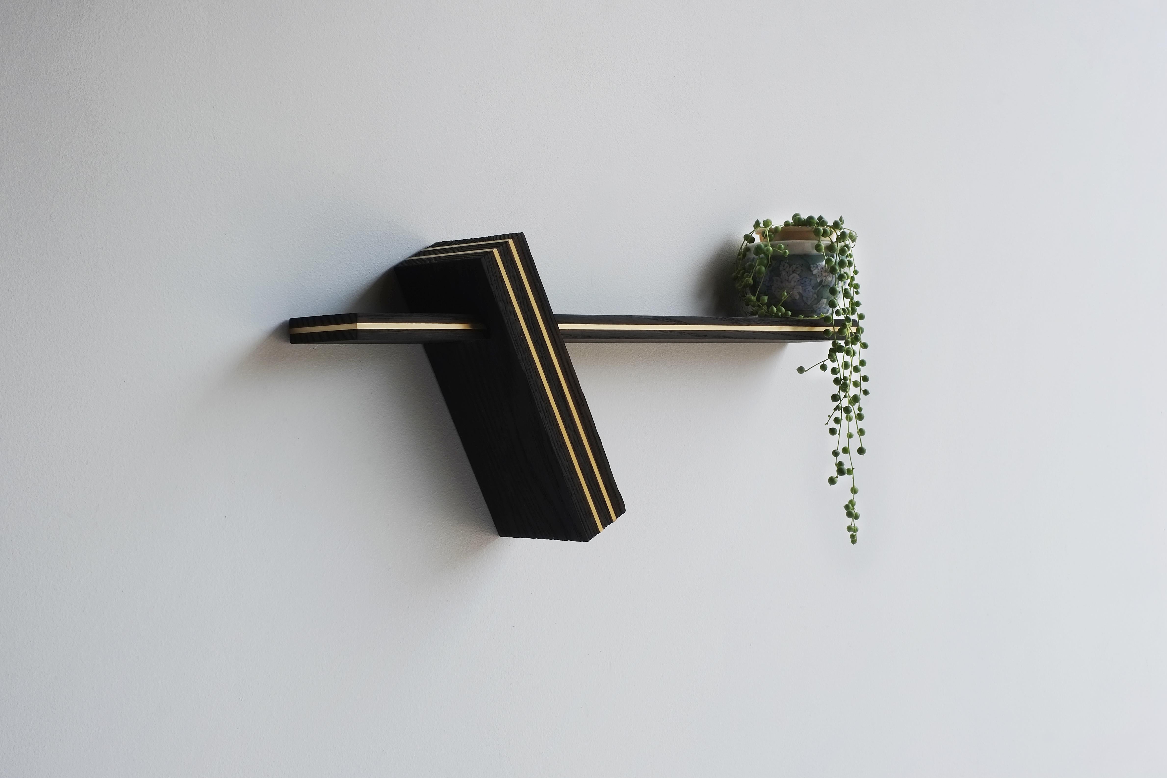 Joinery Handcrafted wood and brass wall-mounted shelf  For Sale