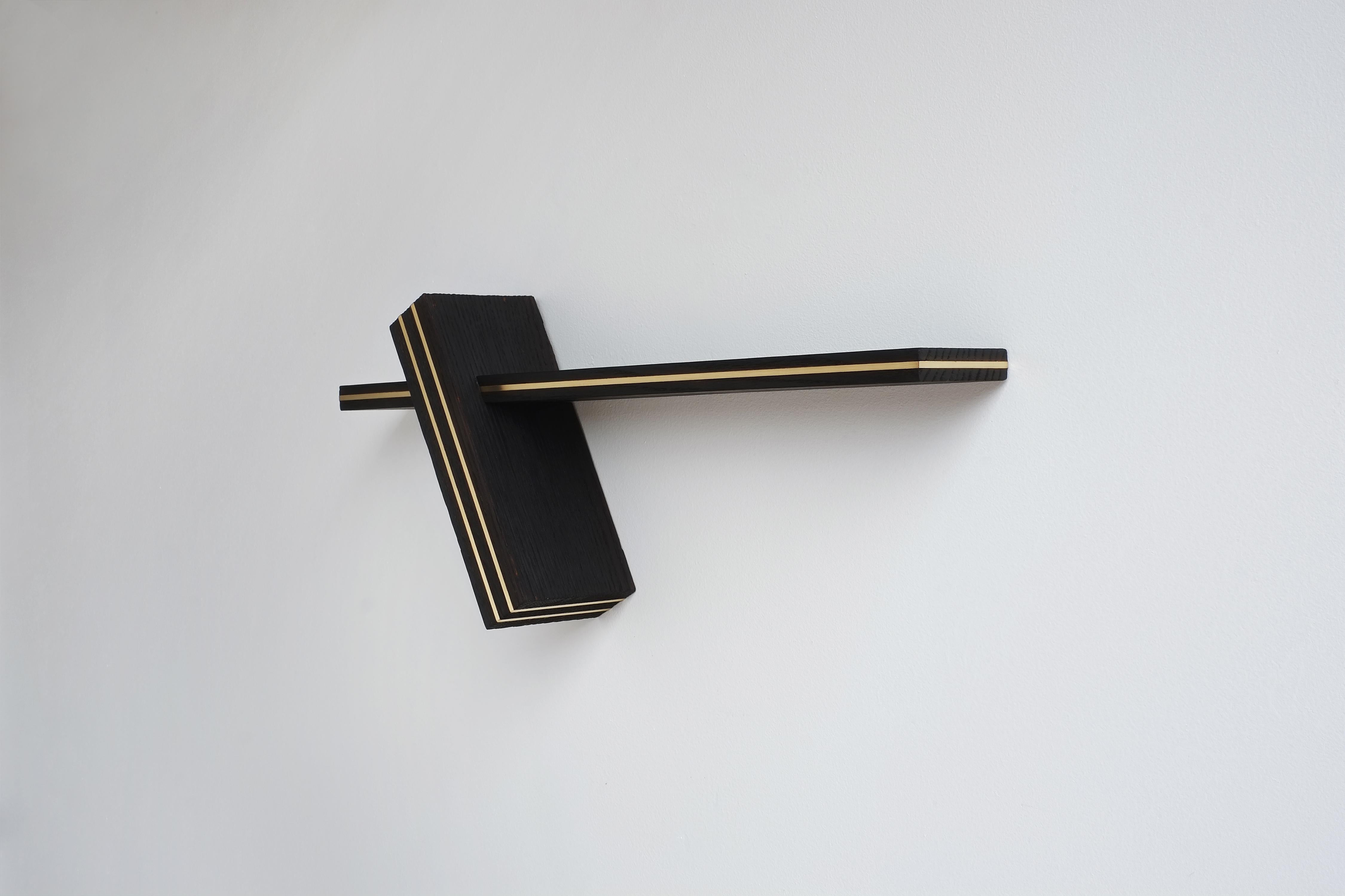 Contemporary Handcrafted wood and brass wall-mounted shelf  For Sale