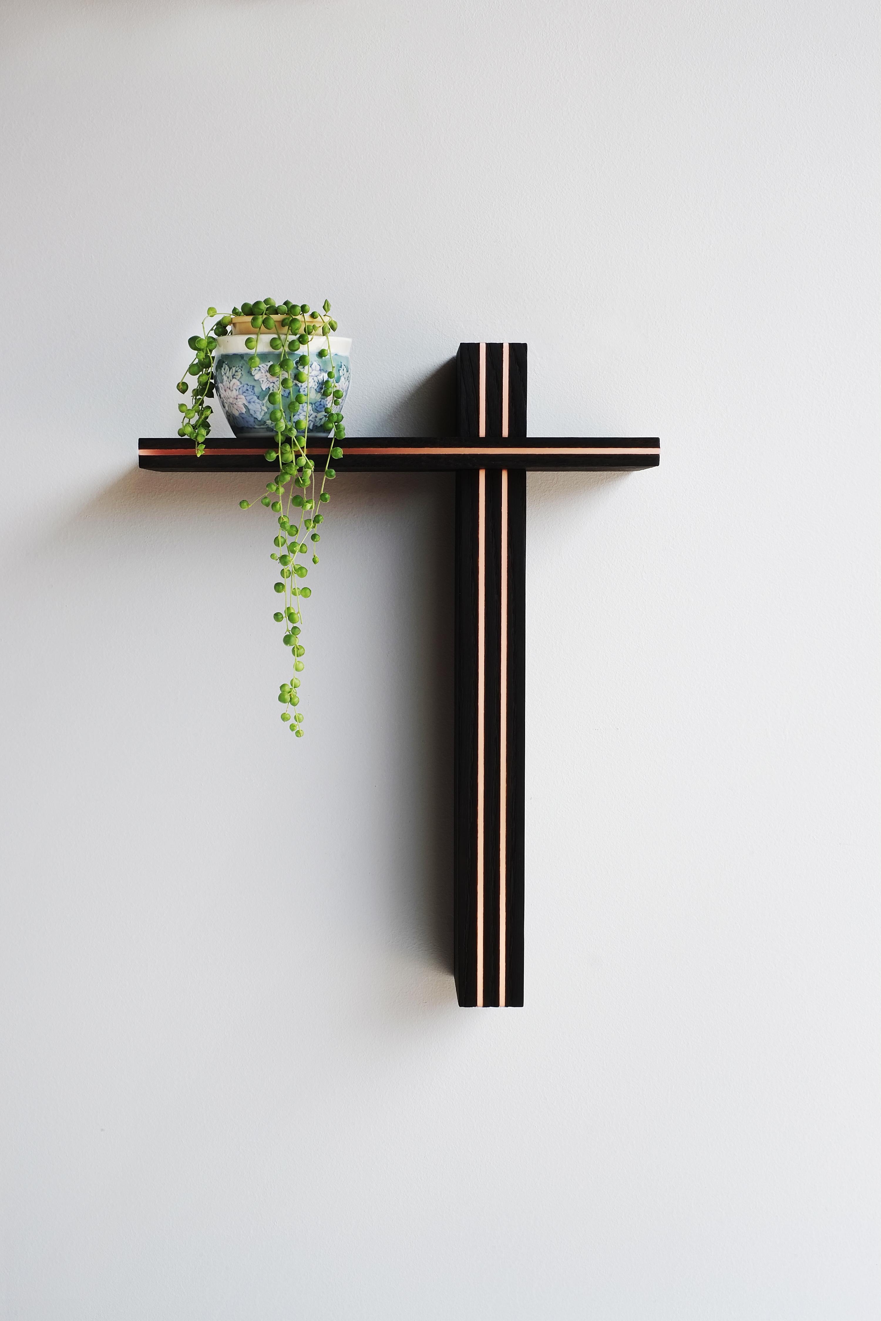 Modern Handcrafted wood and copper wall-mounted shelf by  For Sale