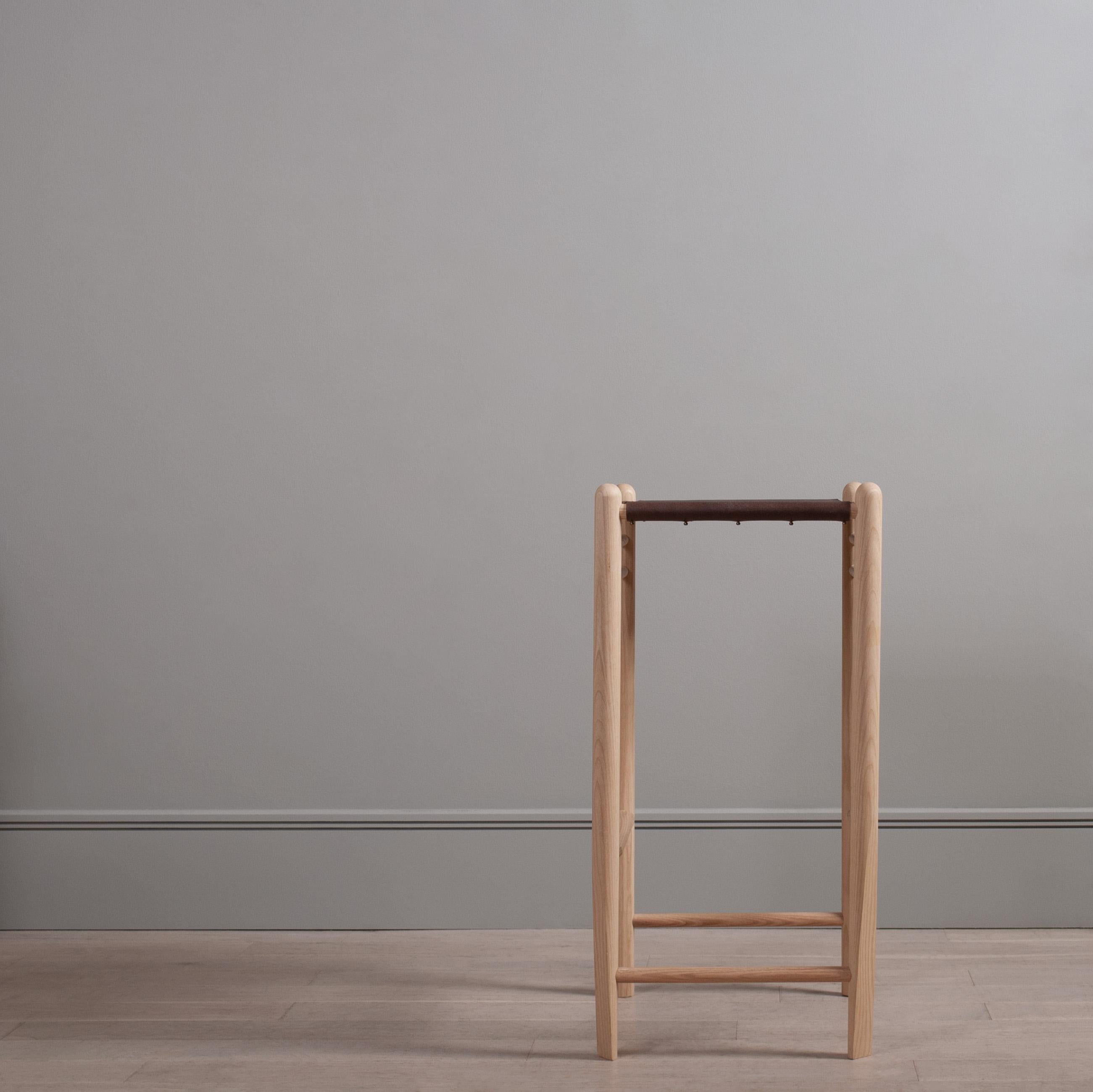 Minimalist Handcrafted Wood & Leather English Bar Stools For Sale